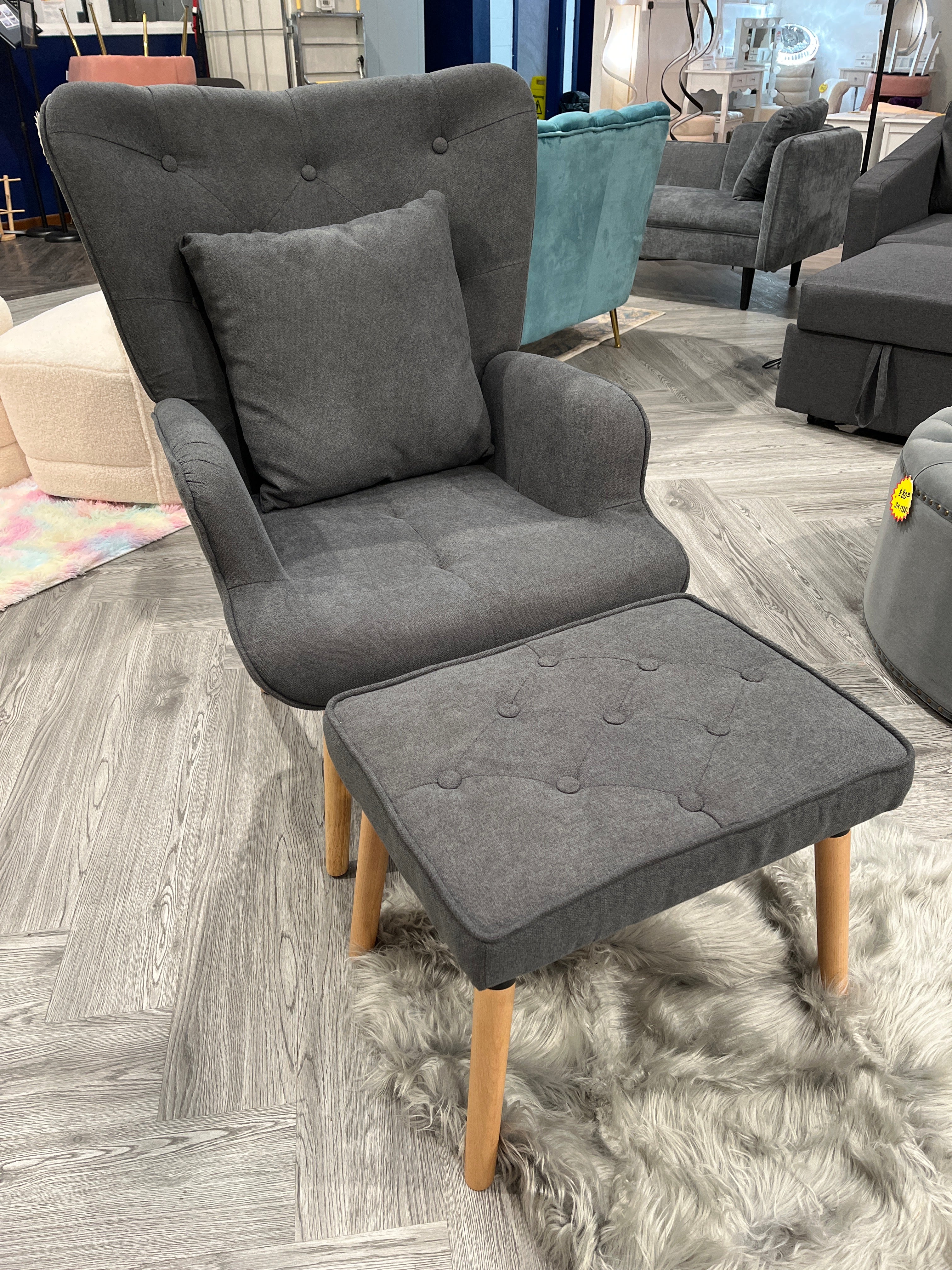 Grey Tufted Armchair with Cushion and Footstool