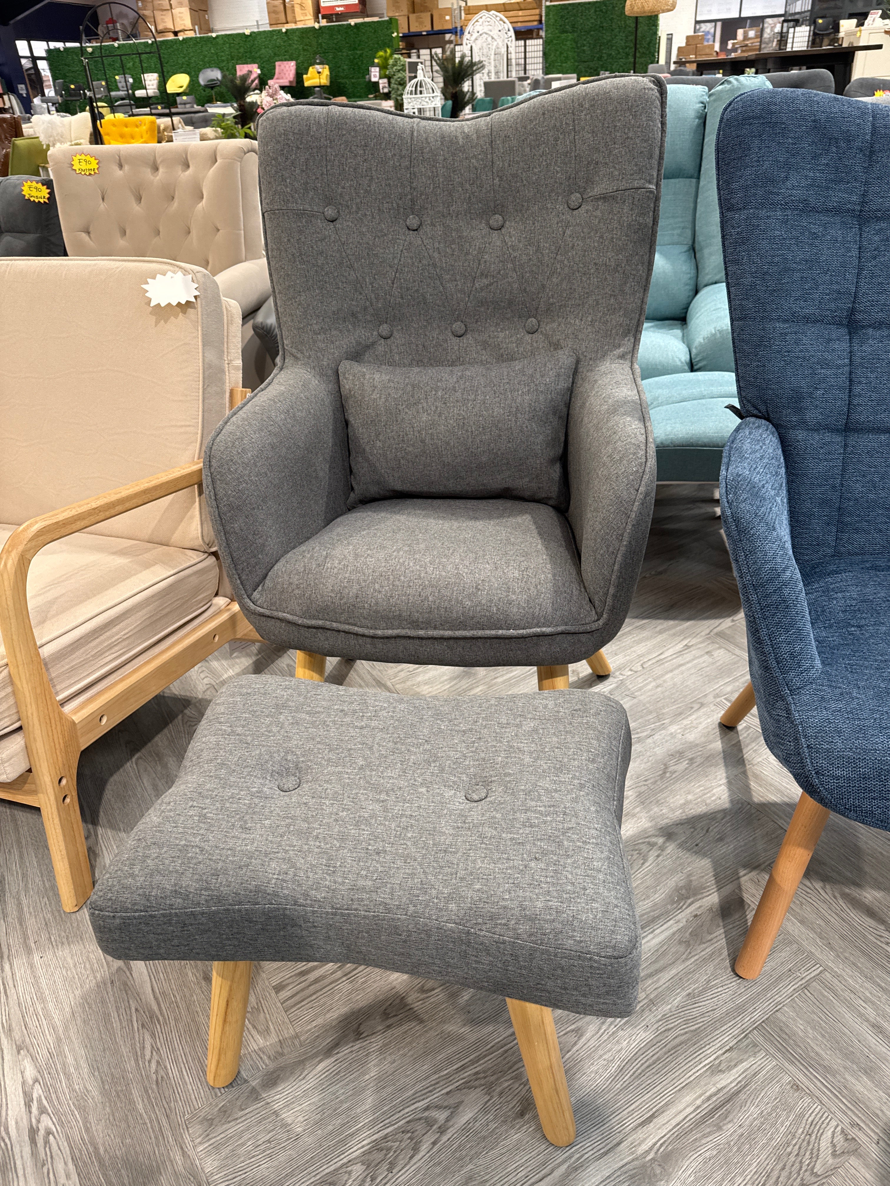 Classic Linen Tufted Dark Grey Armchair with Cushion and Footstool