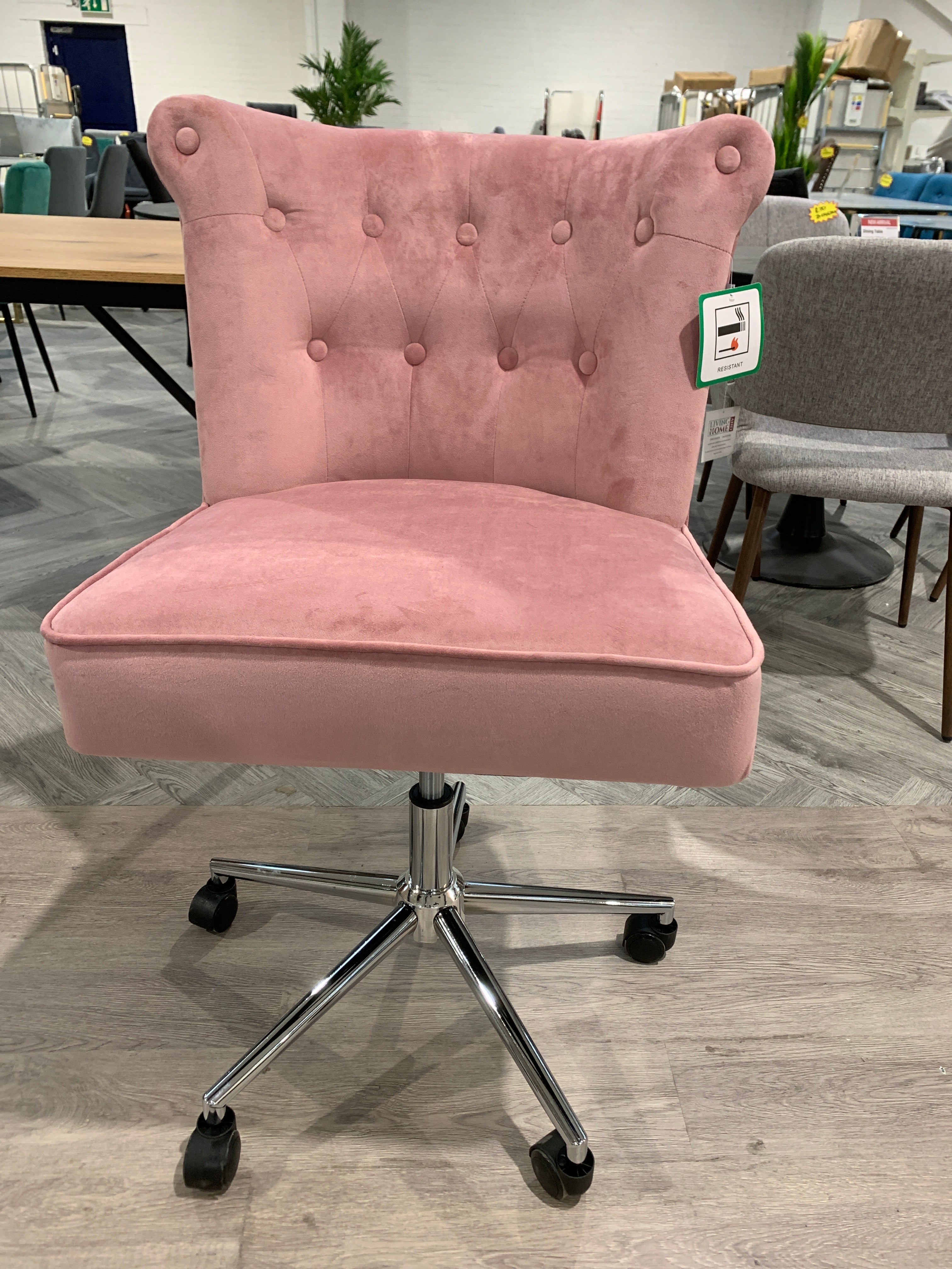 Pink Buttoned Velvet Swivel Office Chair with Silver Base