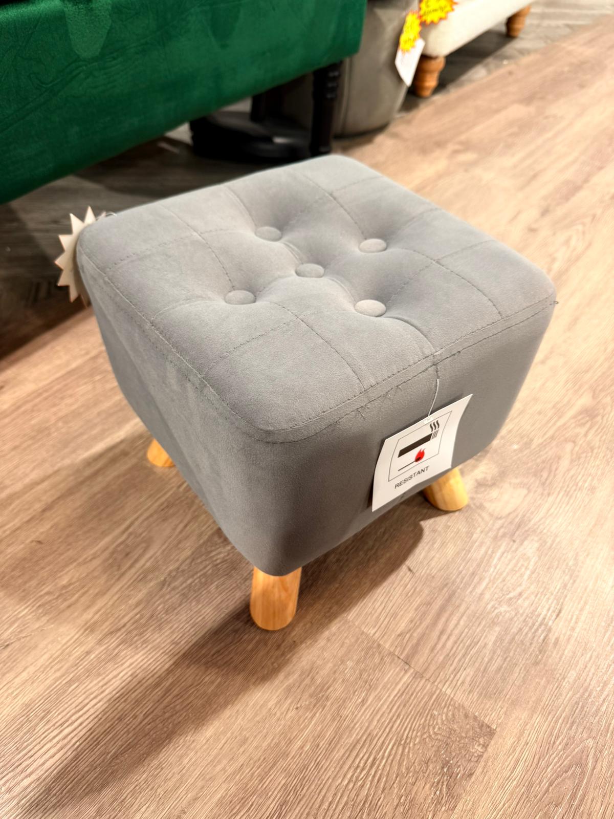 Modern Small Square Velvet Buttoned Footstool with Wooden Legs