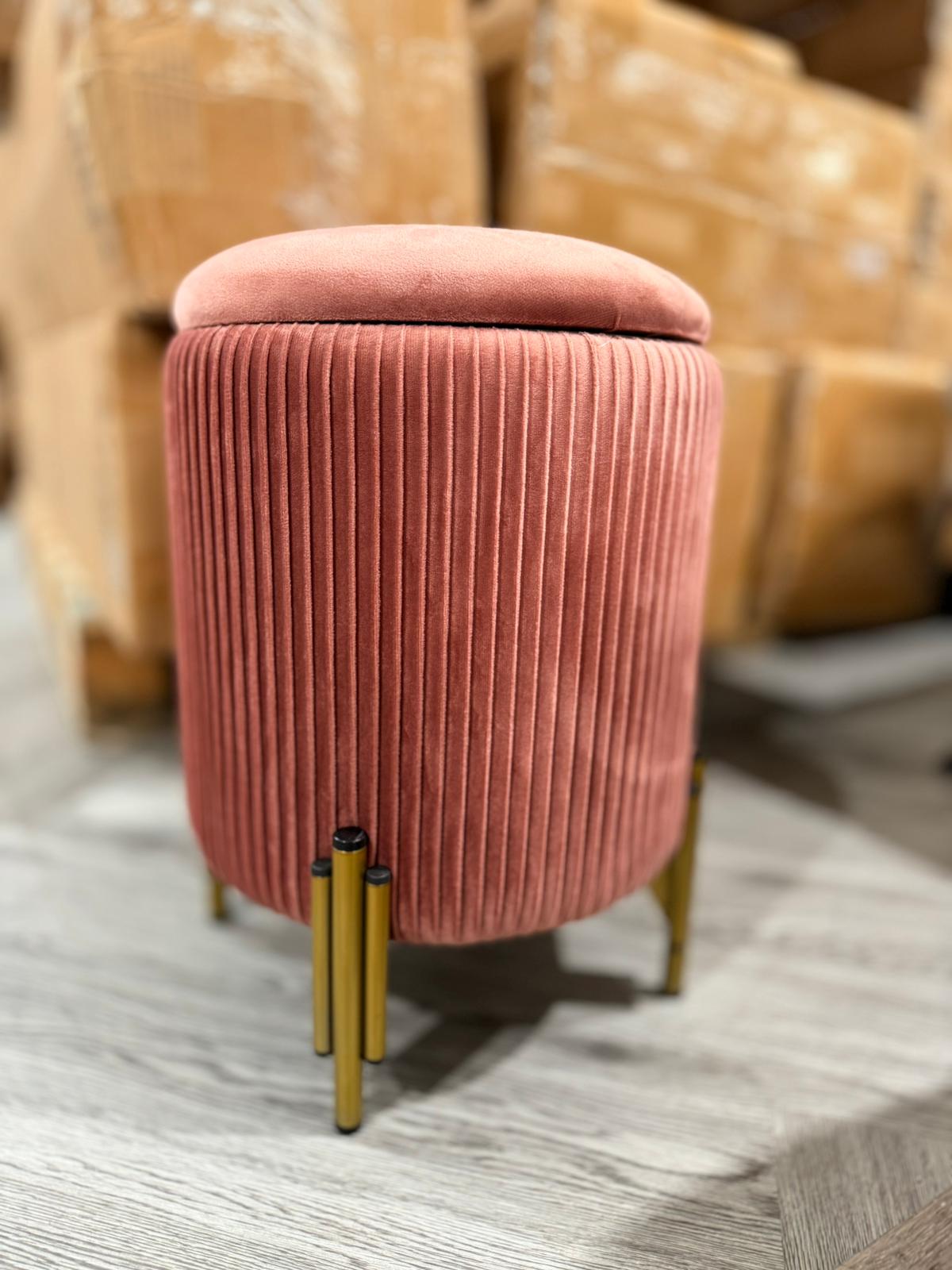 Velvet Modern Pleated Storage Ottoman with Metal Base Dark Pink