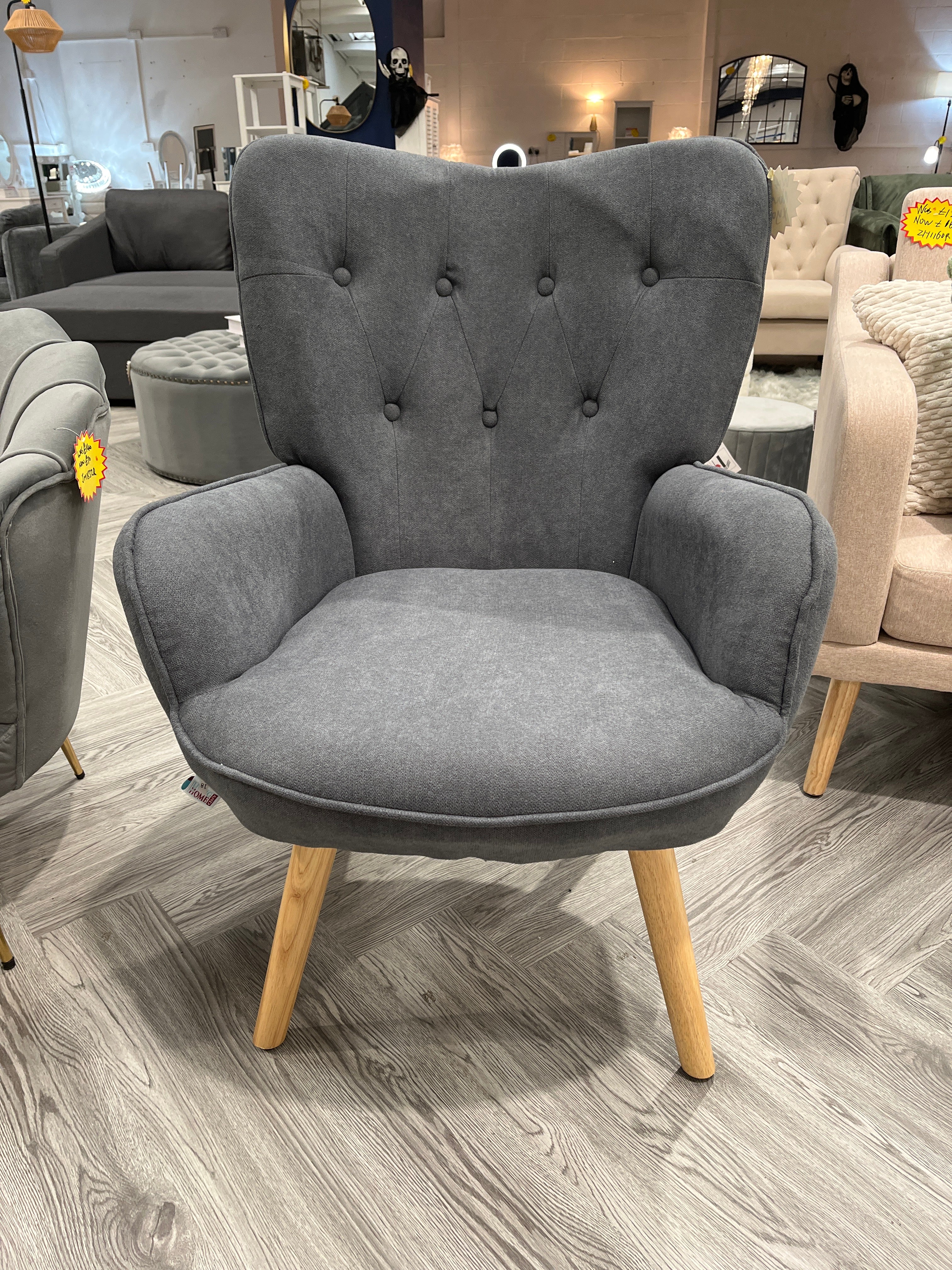 Grey Tufted Button Linen Armchair with Wooden Legs