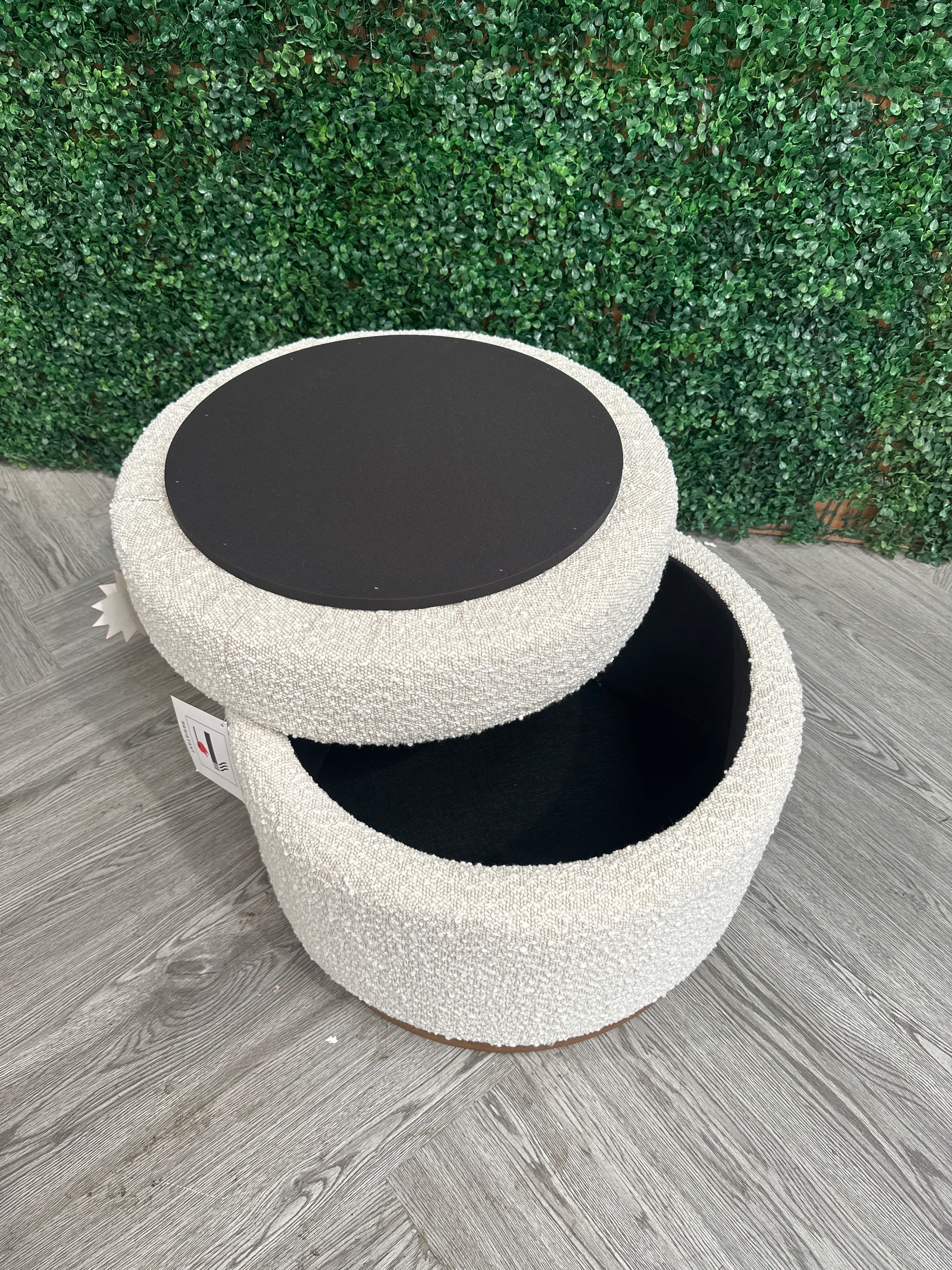 Round Beige Ottoman Storage Stool Seat with Wooden Base