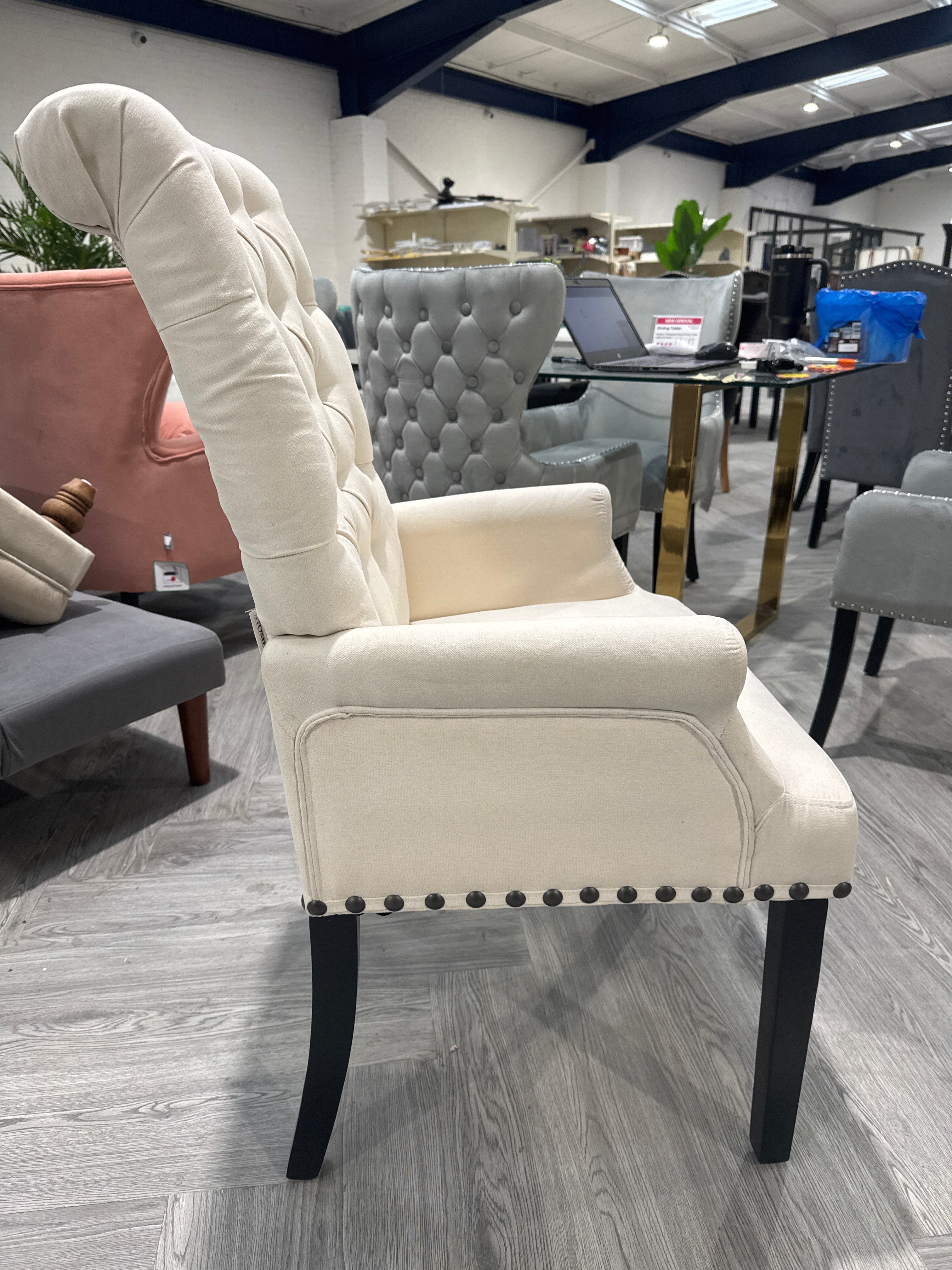 Off-white Upholstered Buttoned Nailhead Trim Dining Chair