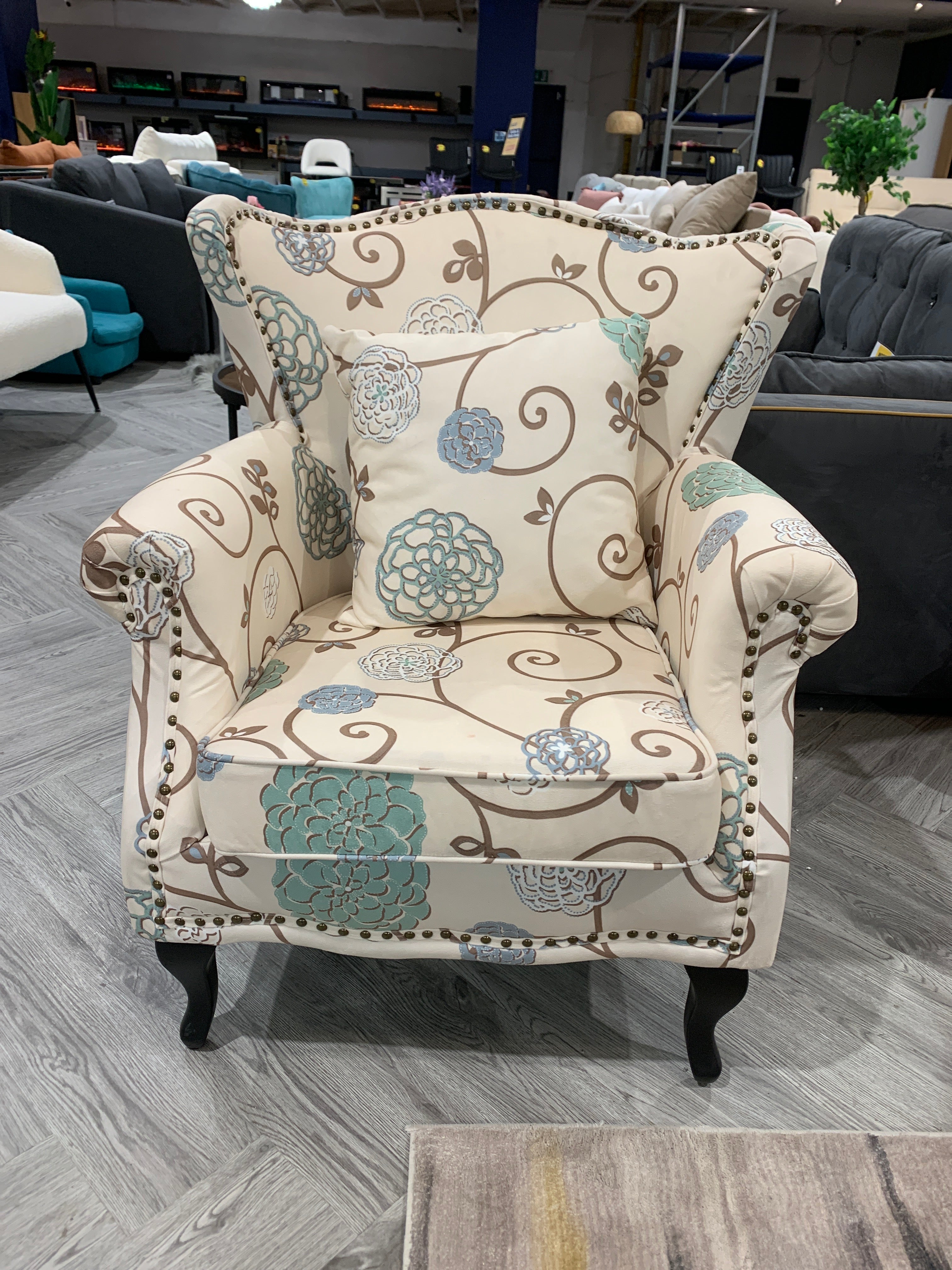 Upholstered Nail Head Modern Buttoned Armchair with Lumbar Pillow and Cushion Floral Pattern