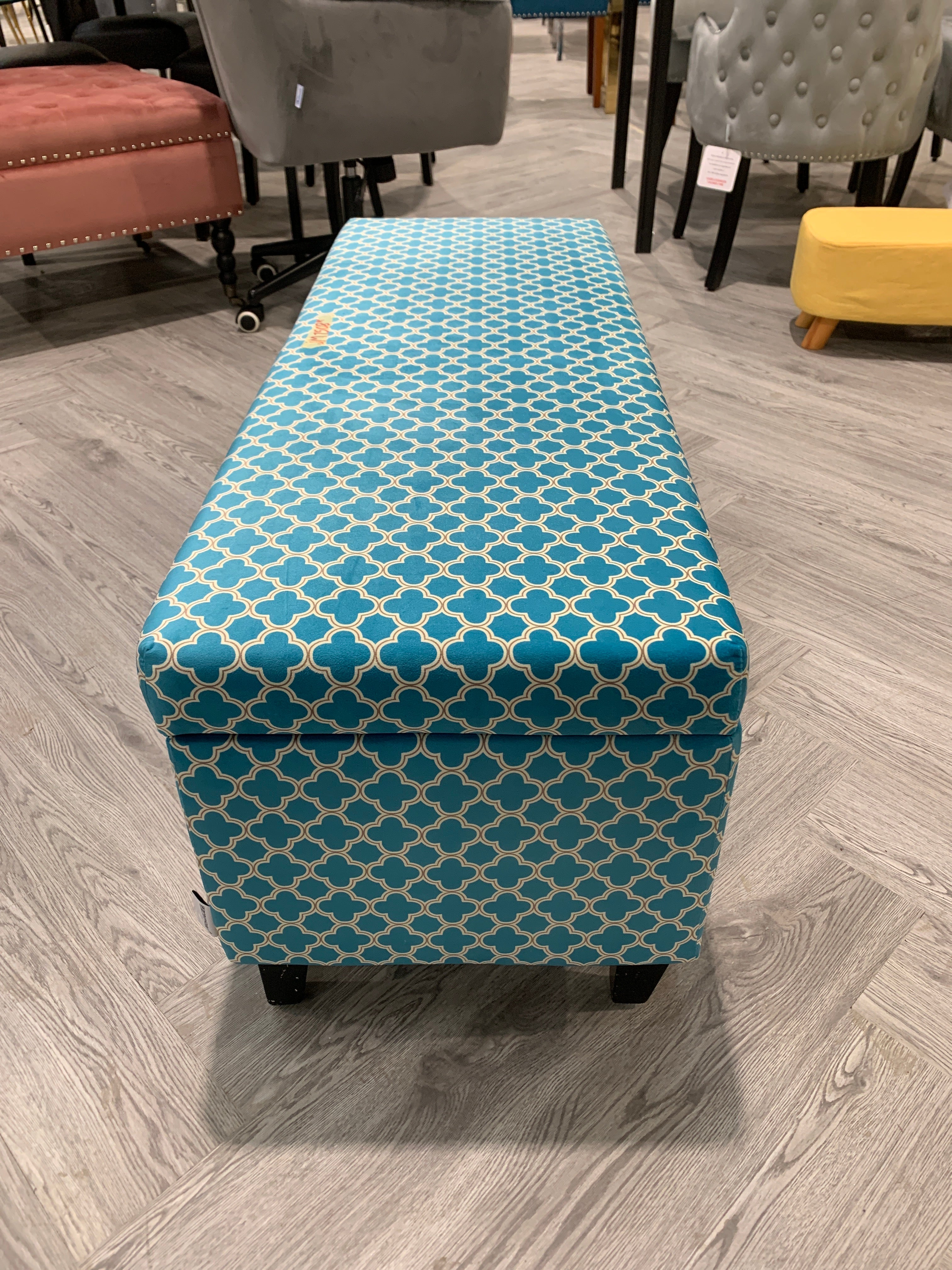 Blue White Floral Fabric Storage Bench