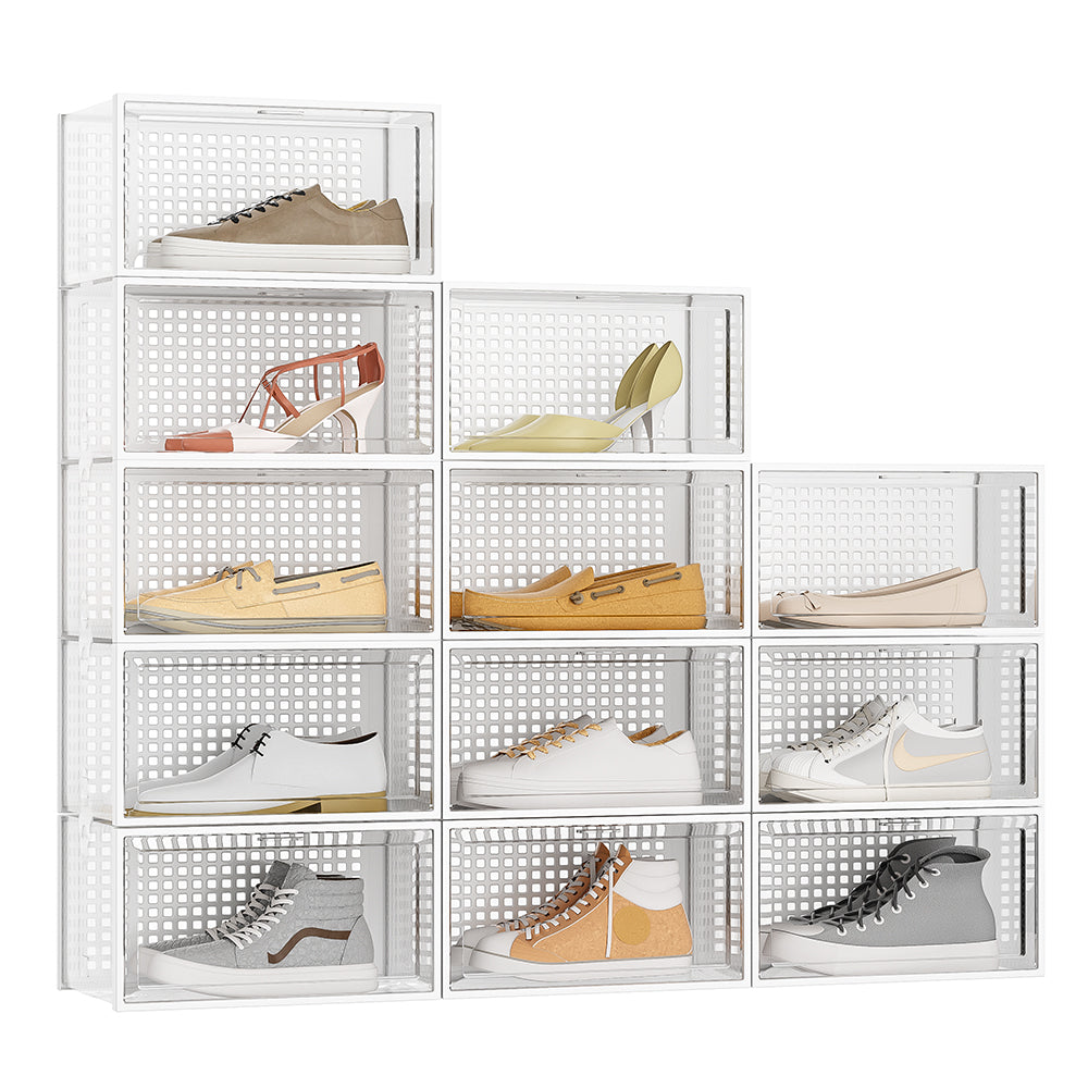 New 12 Pack White Stackable Foldable Plastic Shoe Boxes
