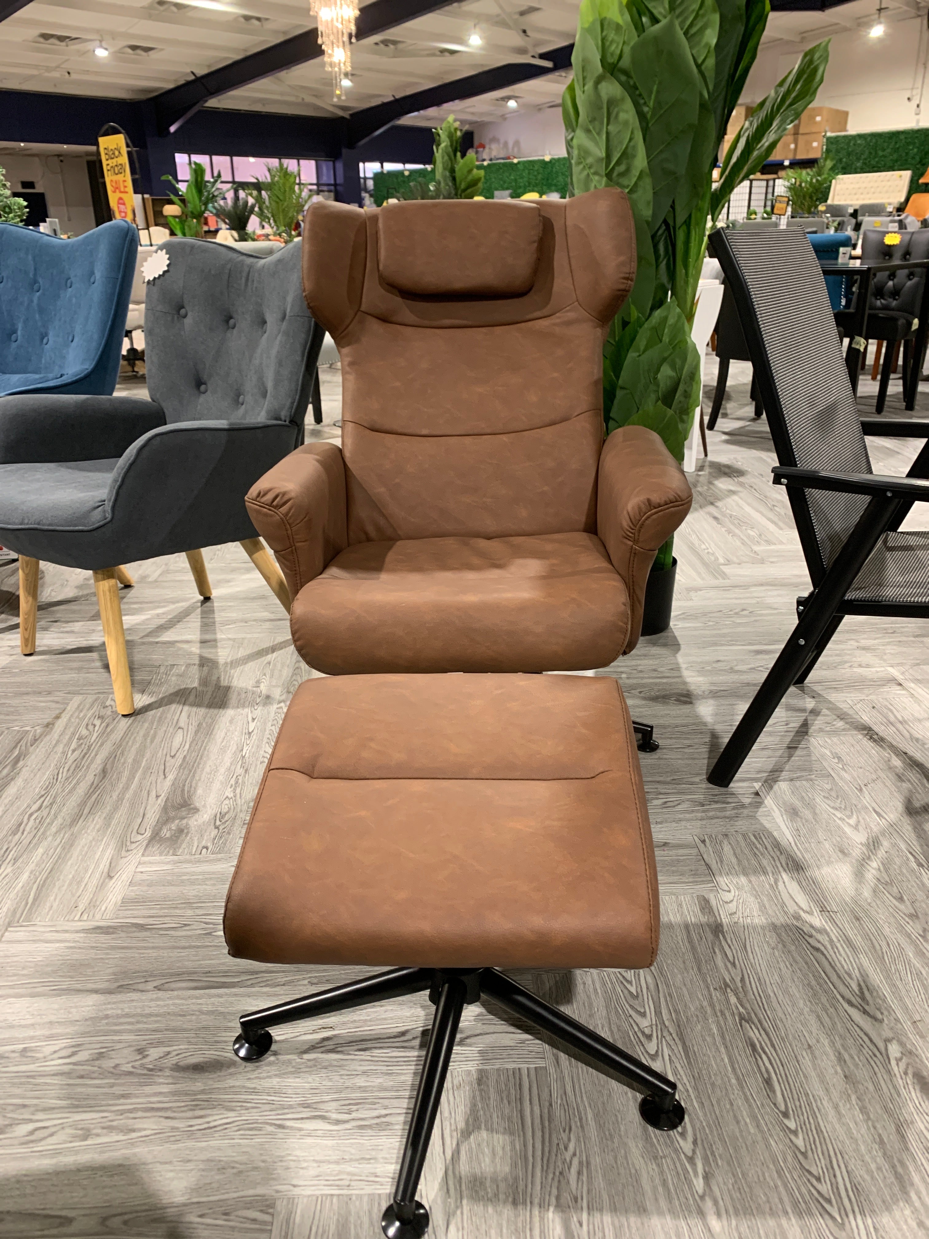 Brown Faux Leather Swivel Armchair with Footstool