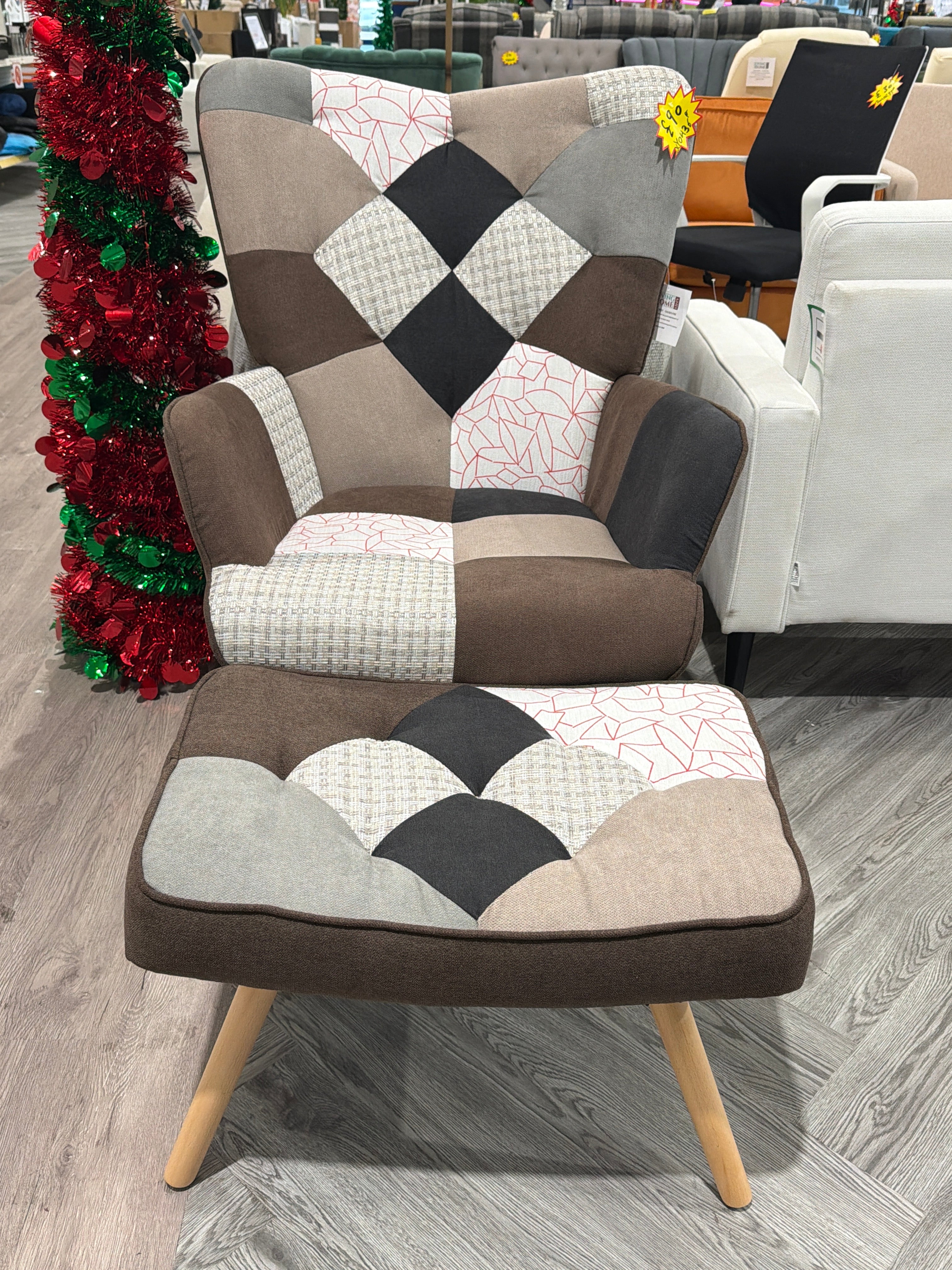 Colour Block Upholstered Wingback Patchwork Armchair with Footstool Brown