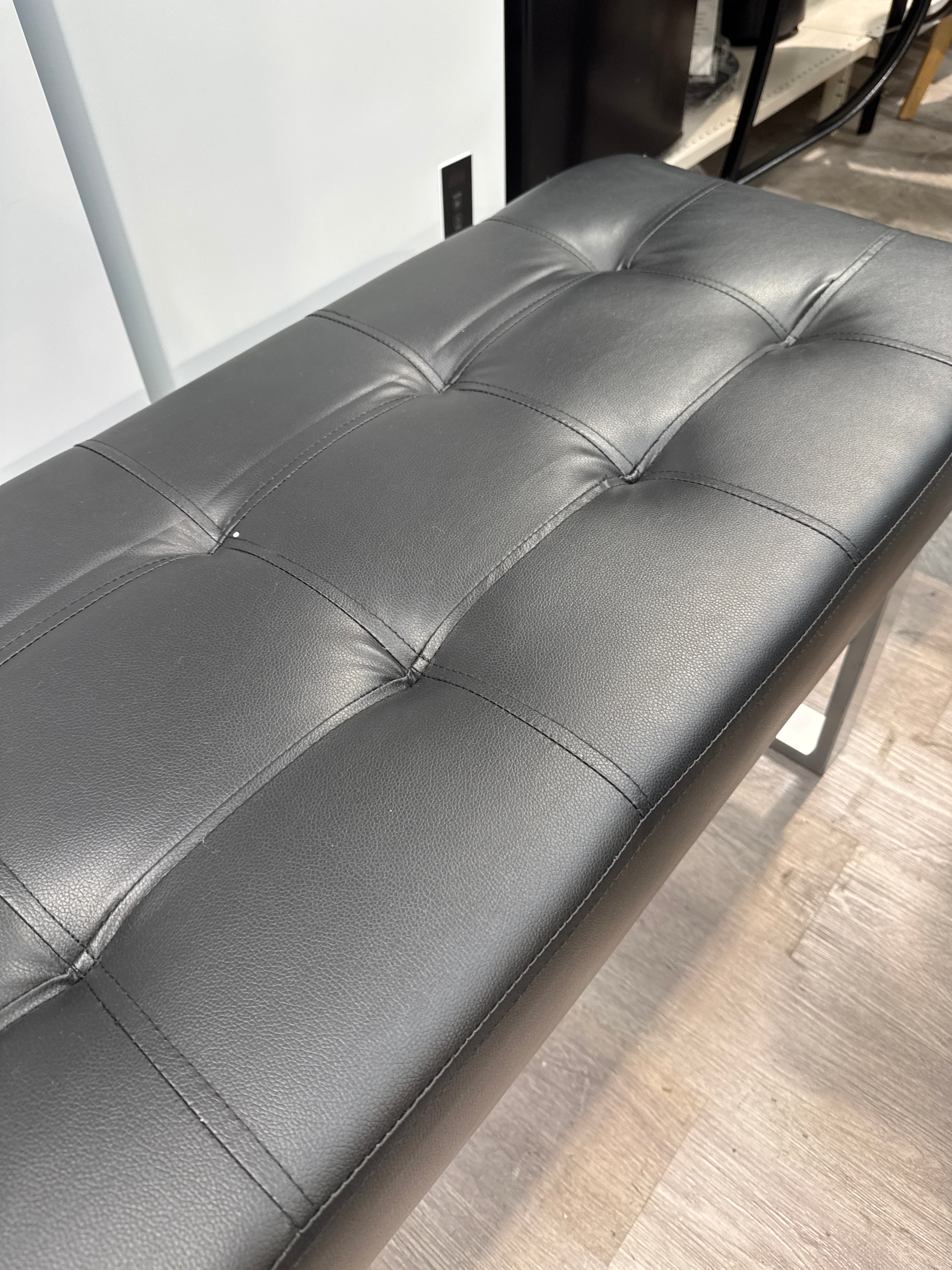 Black Upholstered Bench Button Faux Leather with Steel Legs