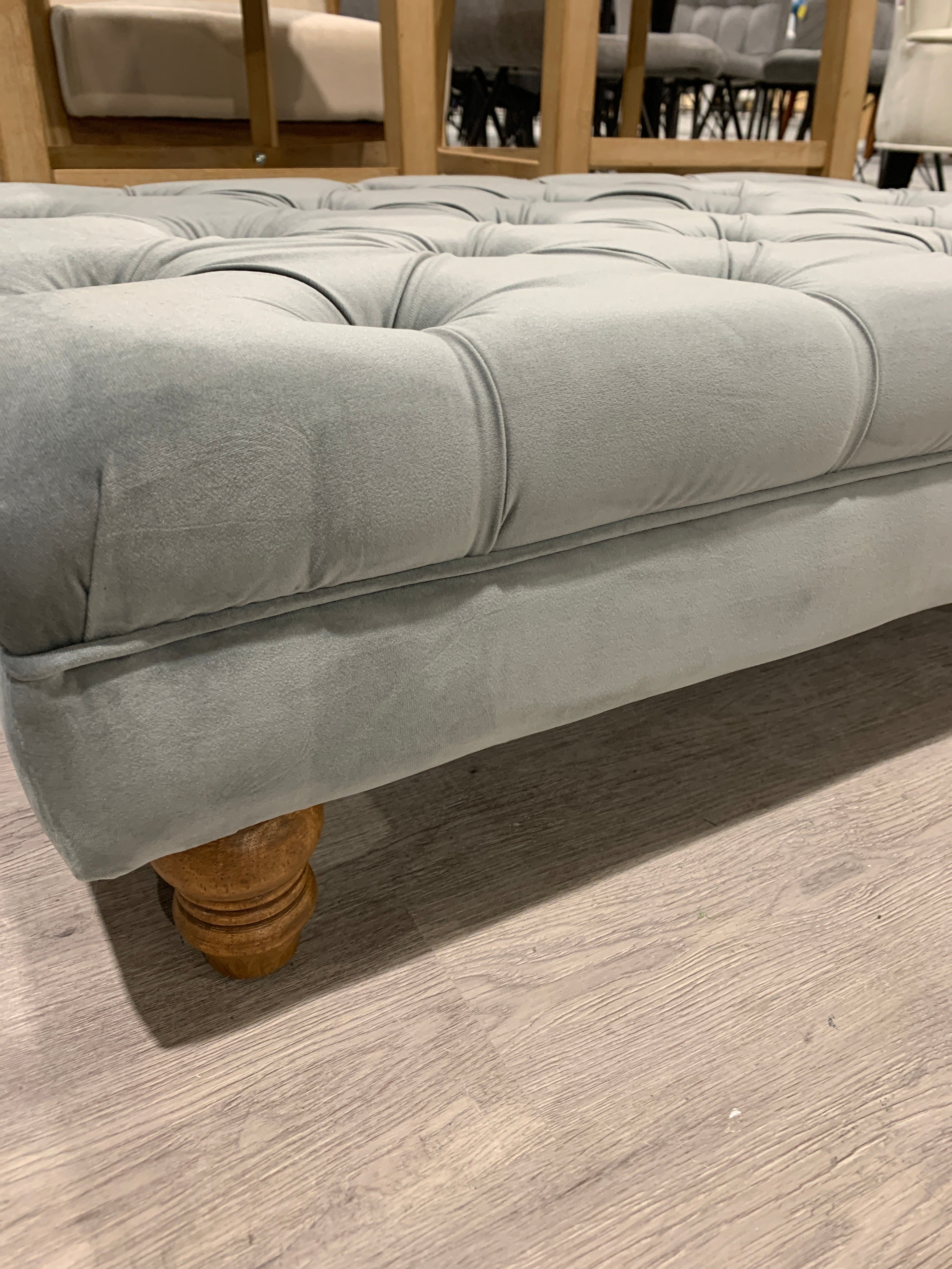 Buttoned Velvet Rectangular Ottoman Footstool with Gourd-shaped Legs Grey