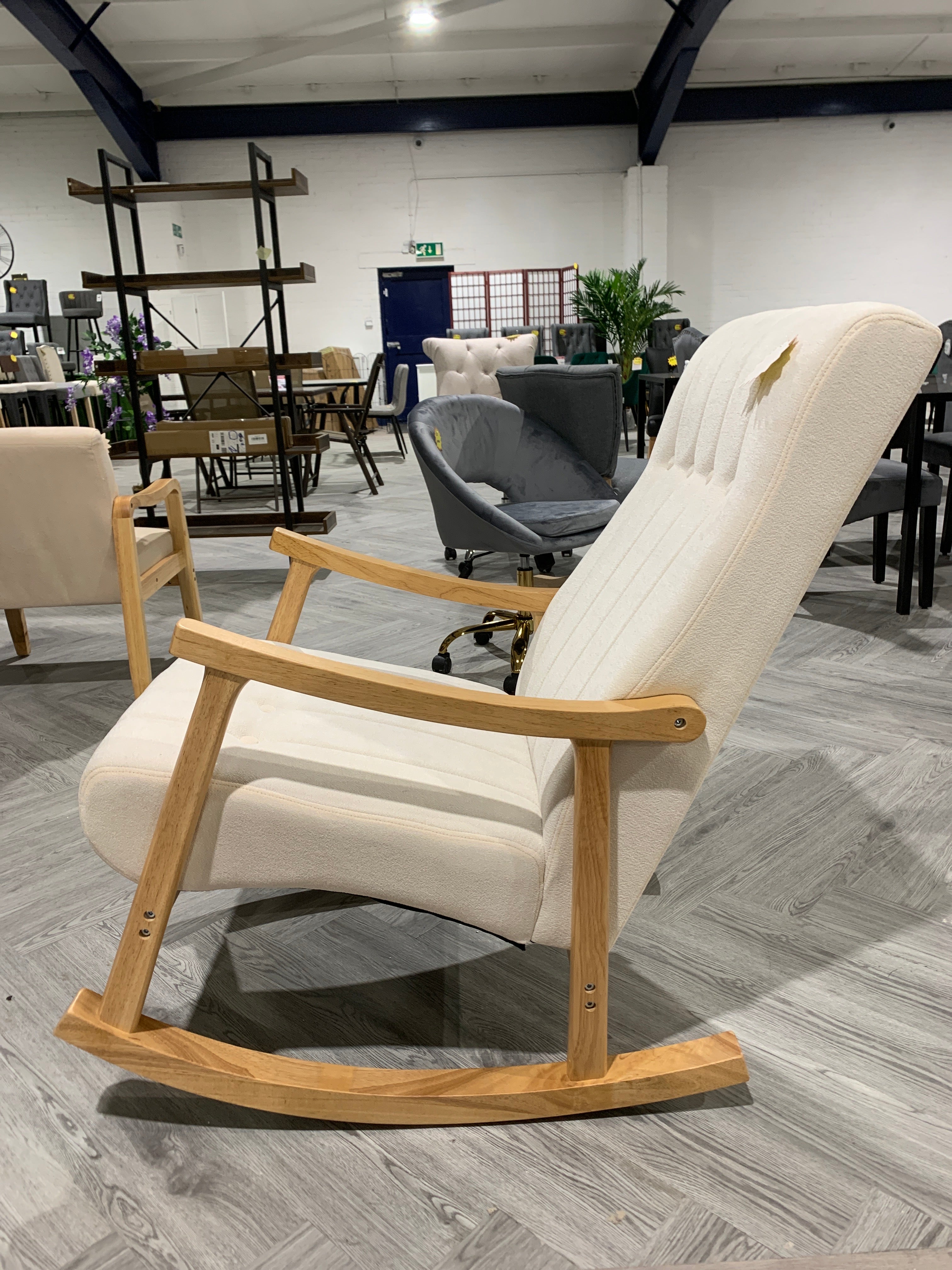 Beige Velvet Upholstered Tufting Wooden Arms Rocking Chair