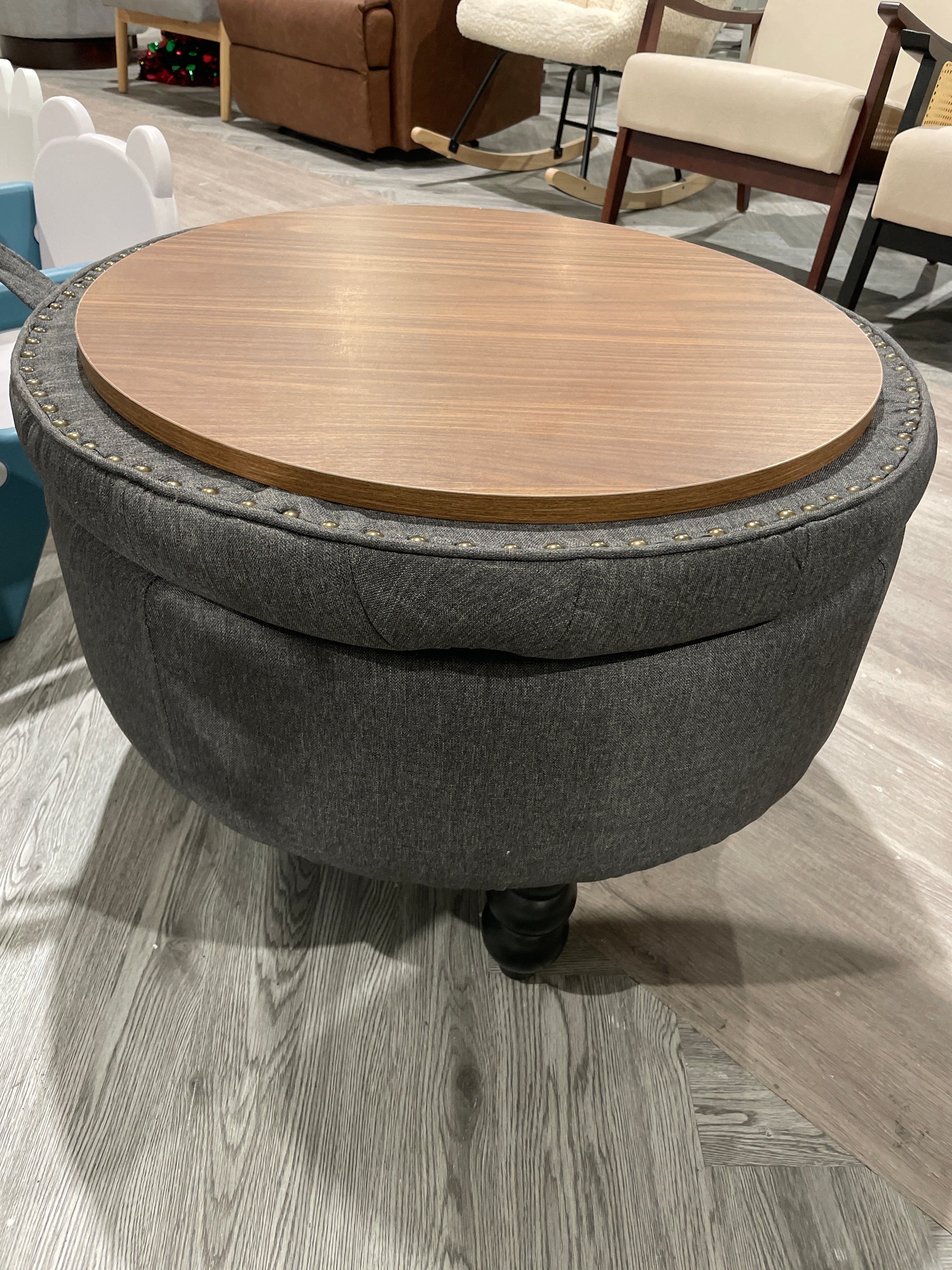 Grey Fabric Round Button Tufted Storage Ottoman