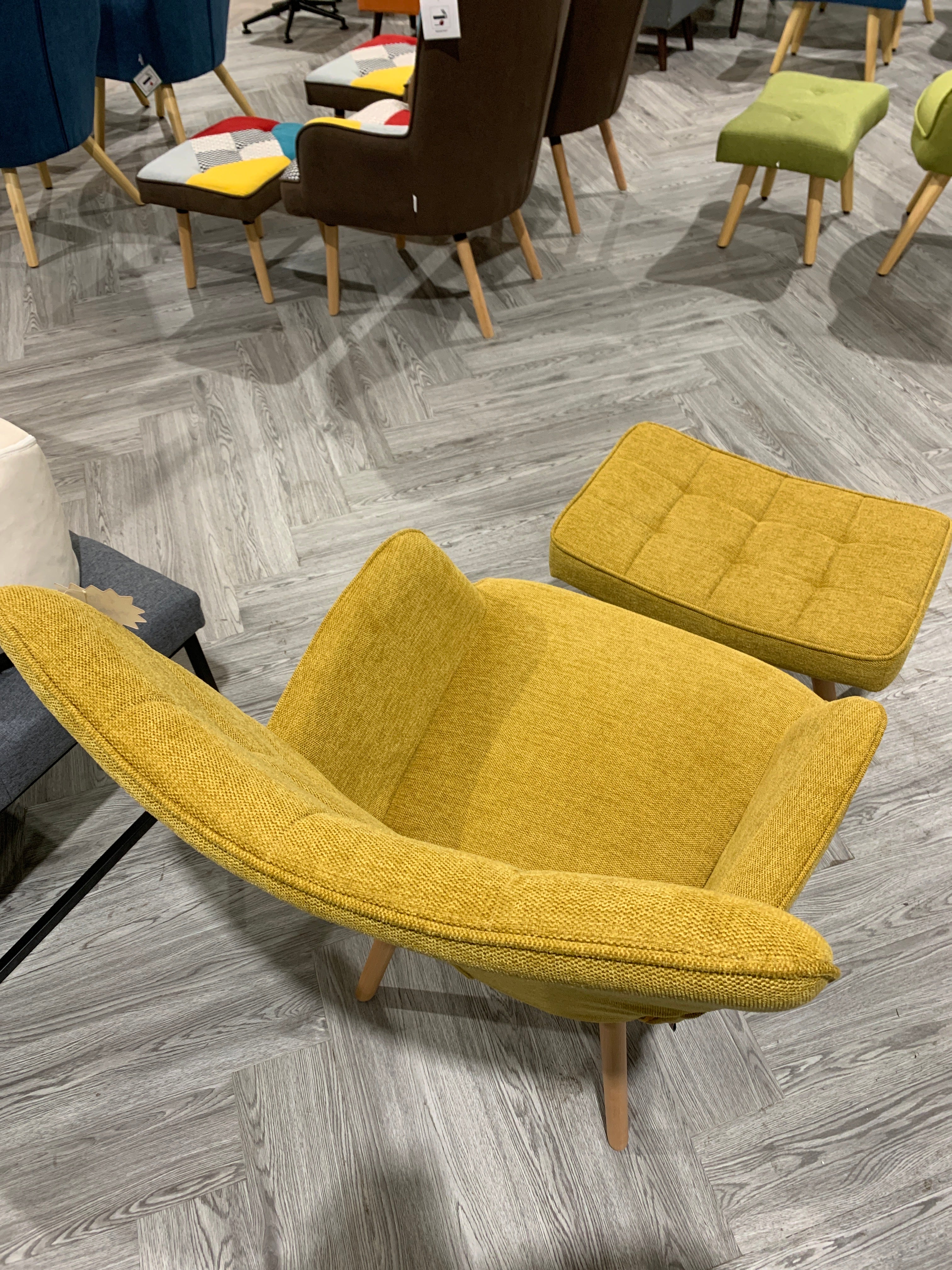 Tufted Armchair with Footstool Linen Yellow