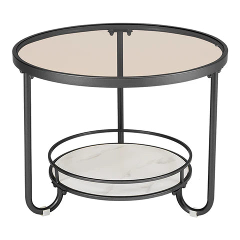 2 Tier Round Glass and Slate Coffee Table Black Metal Frame