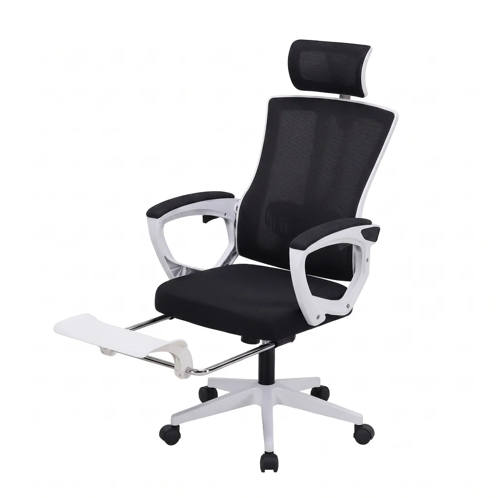 New Height Adjustable Reclining Mesh Office Chair with Footrest Black White