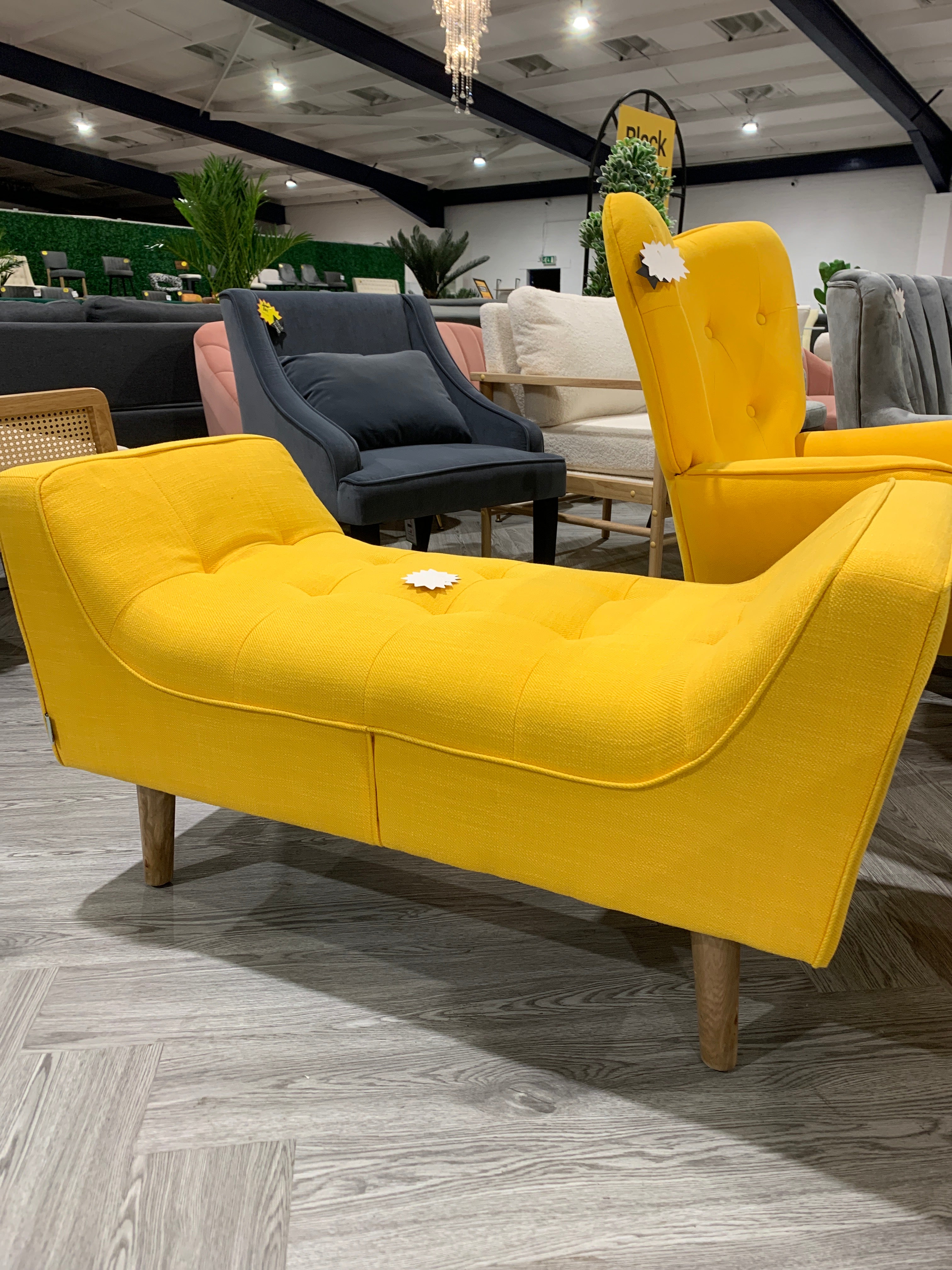 Yellow Soft Chenille Upholstered Bench with Wooden Legs