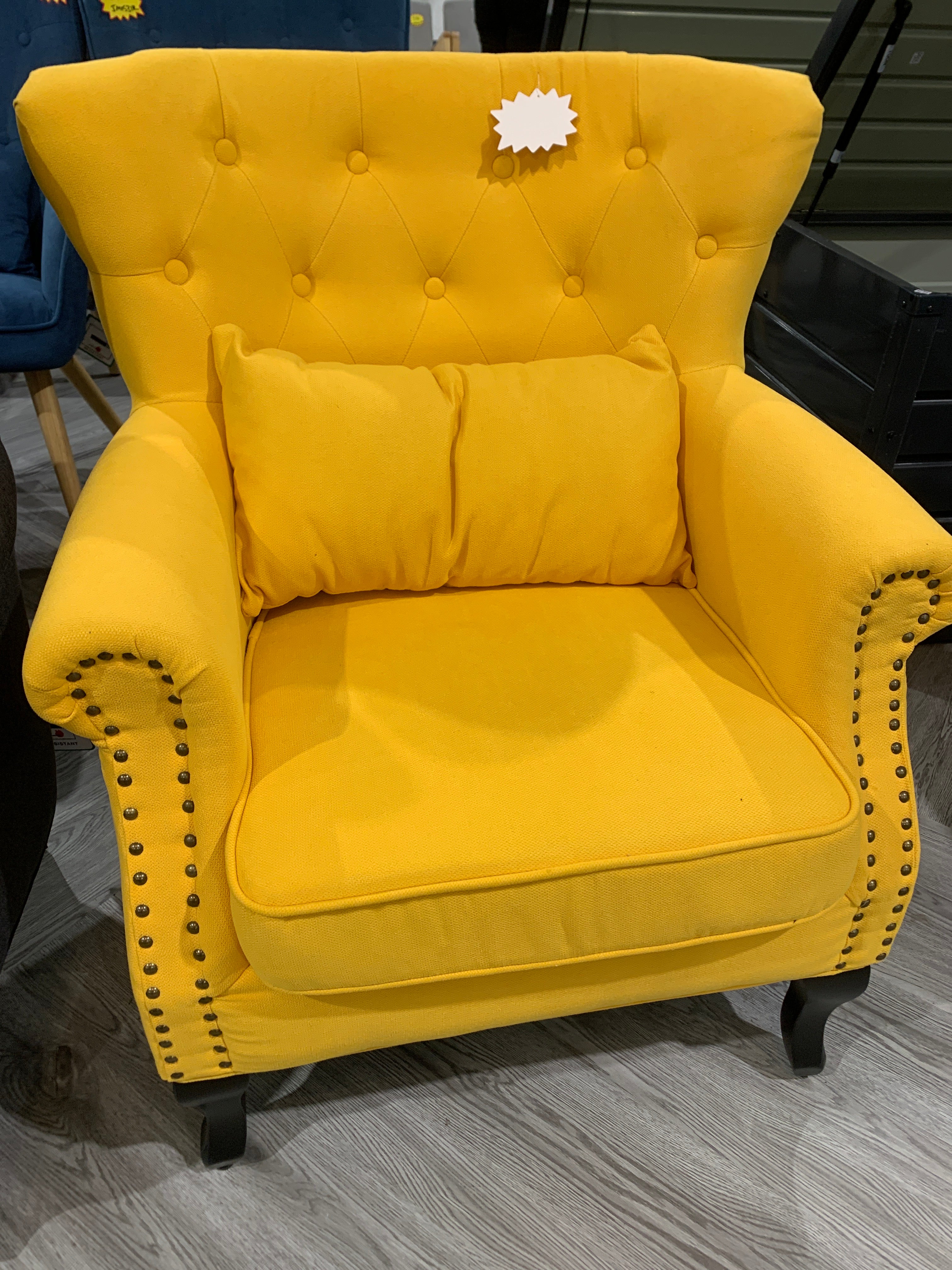 Yellow Upholstered Nail Head Modern Buttoned Armchair with Lumbar Pillow and Cushion