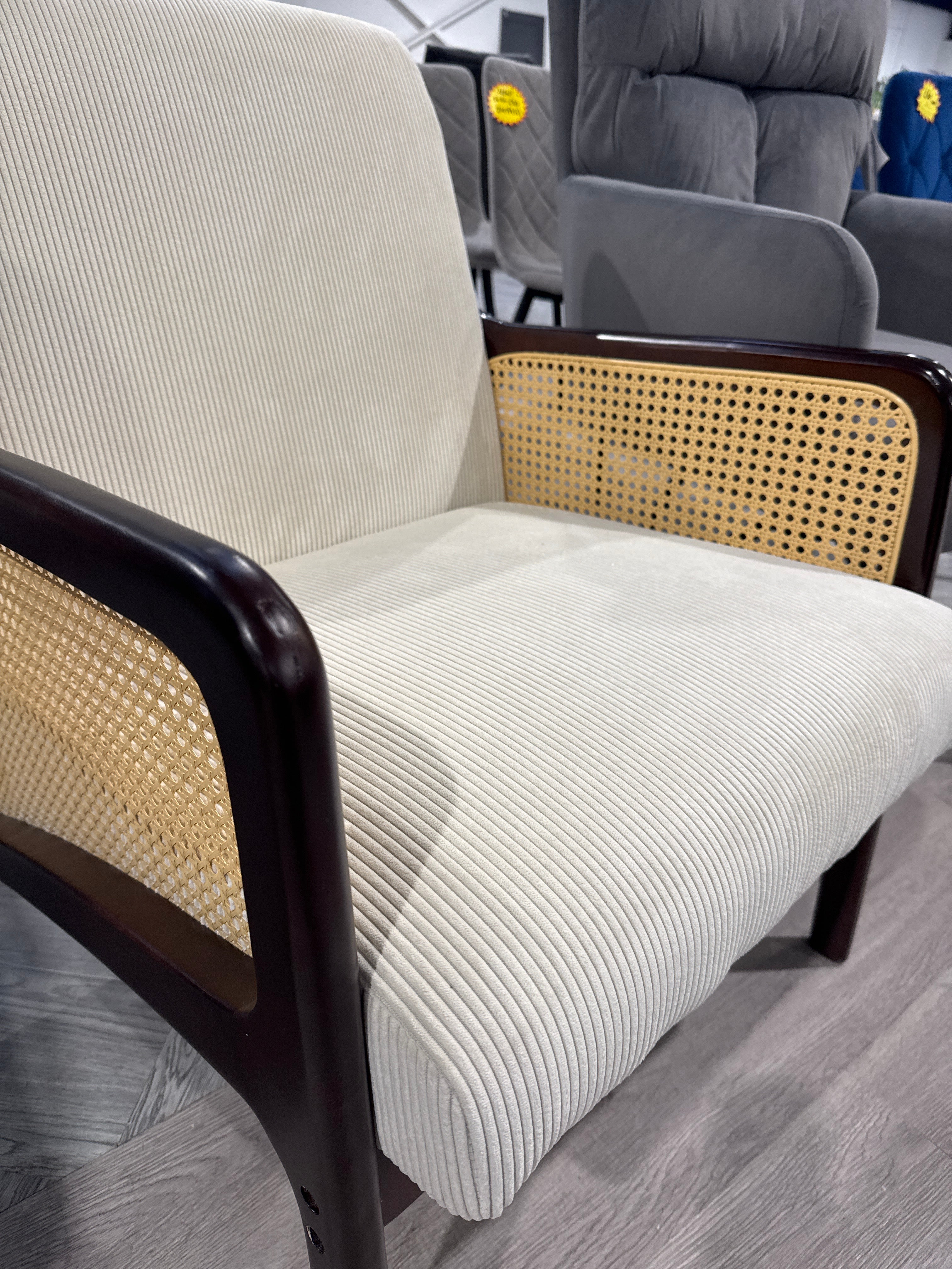 Beige Corduroy Armchair with Rattan Armrest