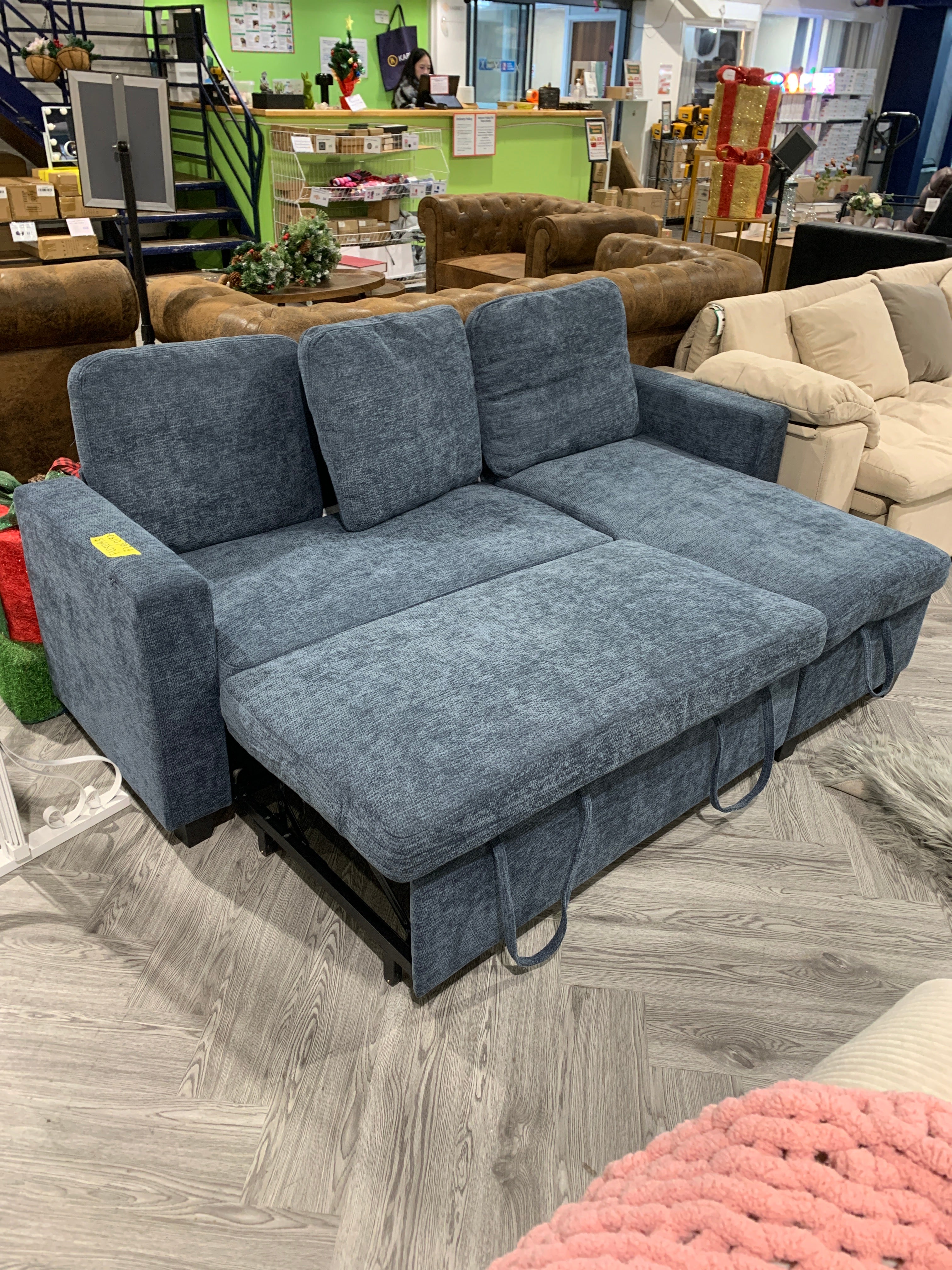 3 Seater L Shaped Chenille Upholstered Corner Sofa Bed with Storage Blue