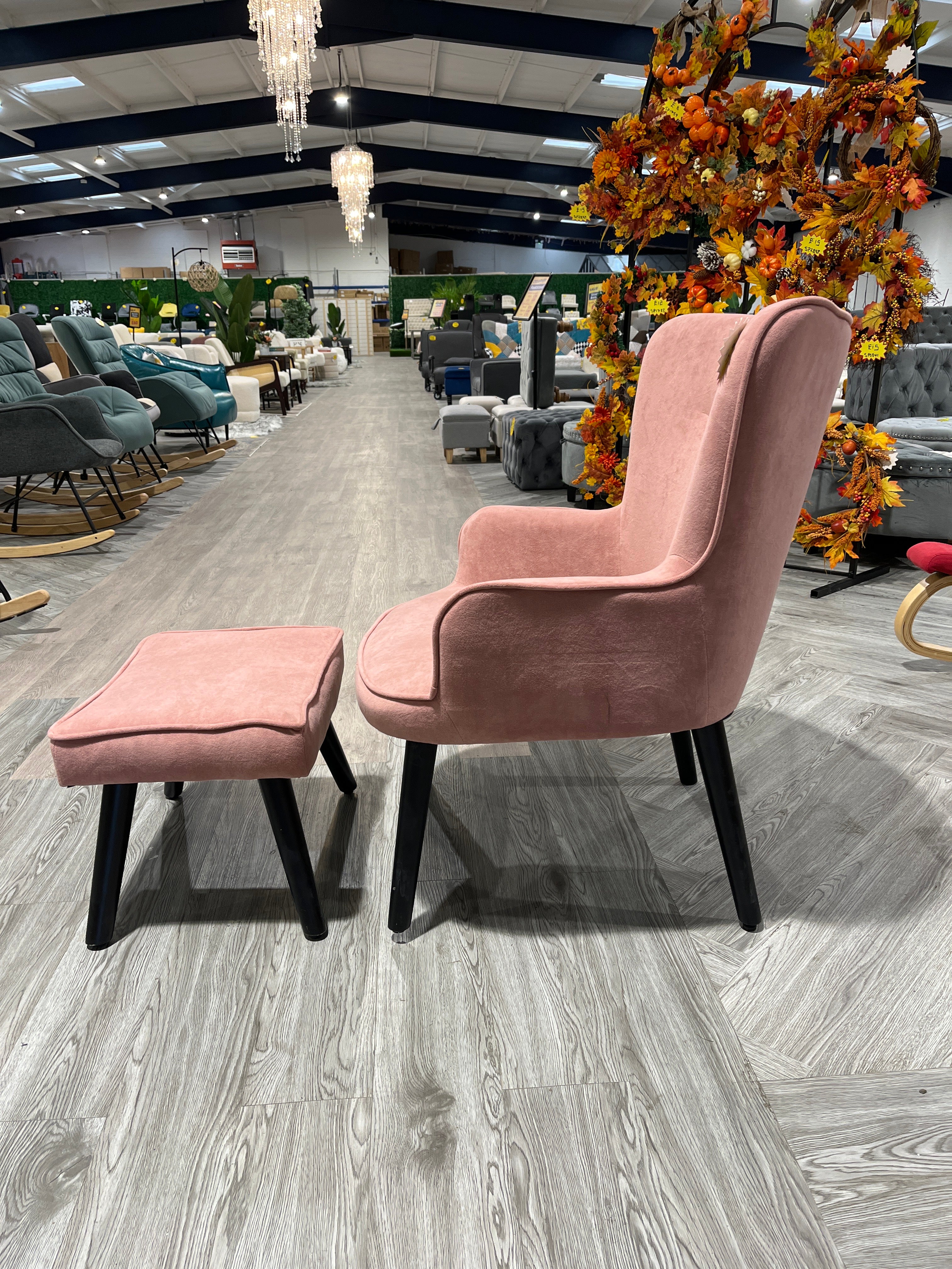 Pink Velvet Armchair with Footrest