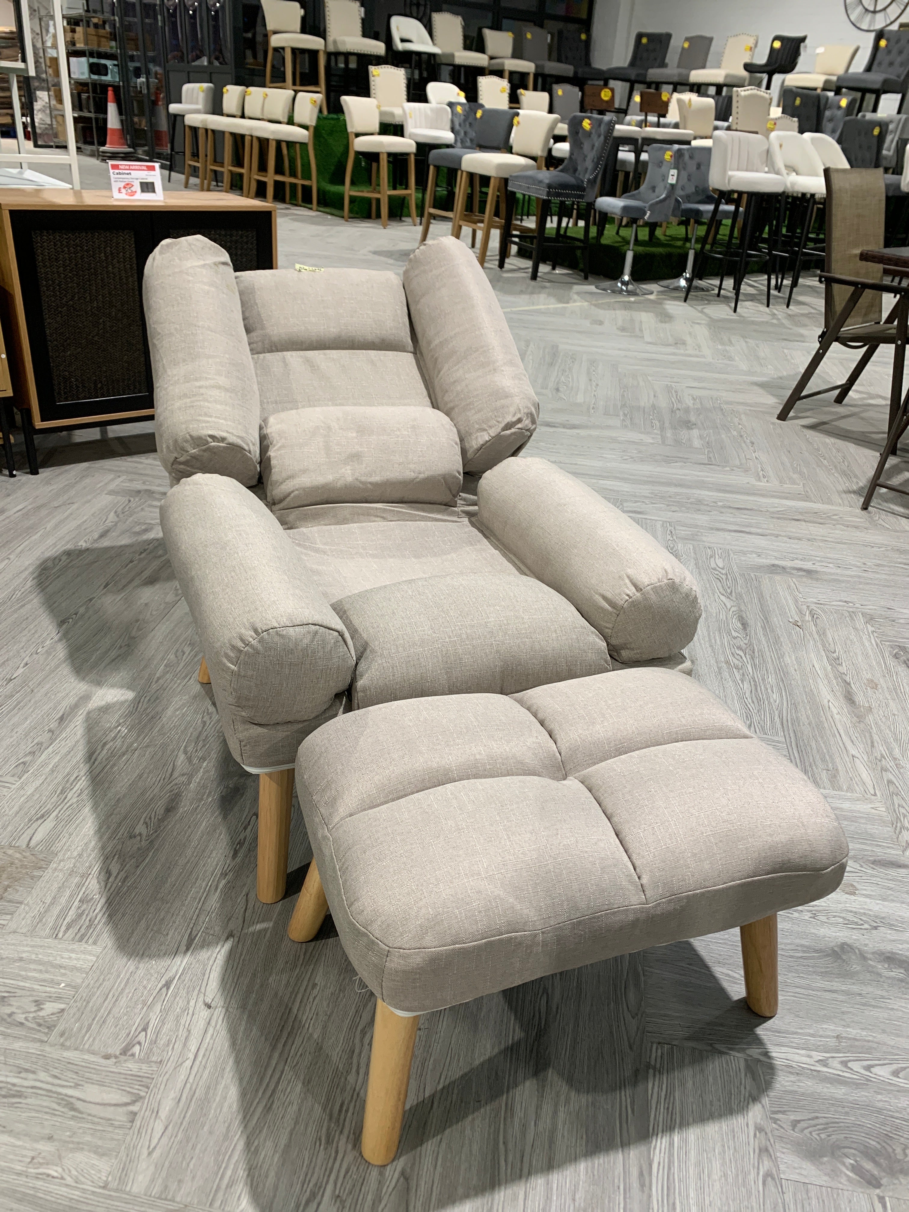 Beige Leisure Recliner and Footstool Set with Wooden Legs