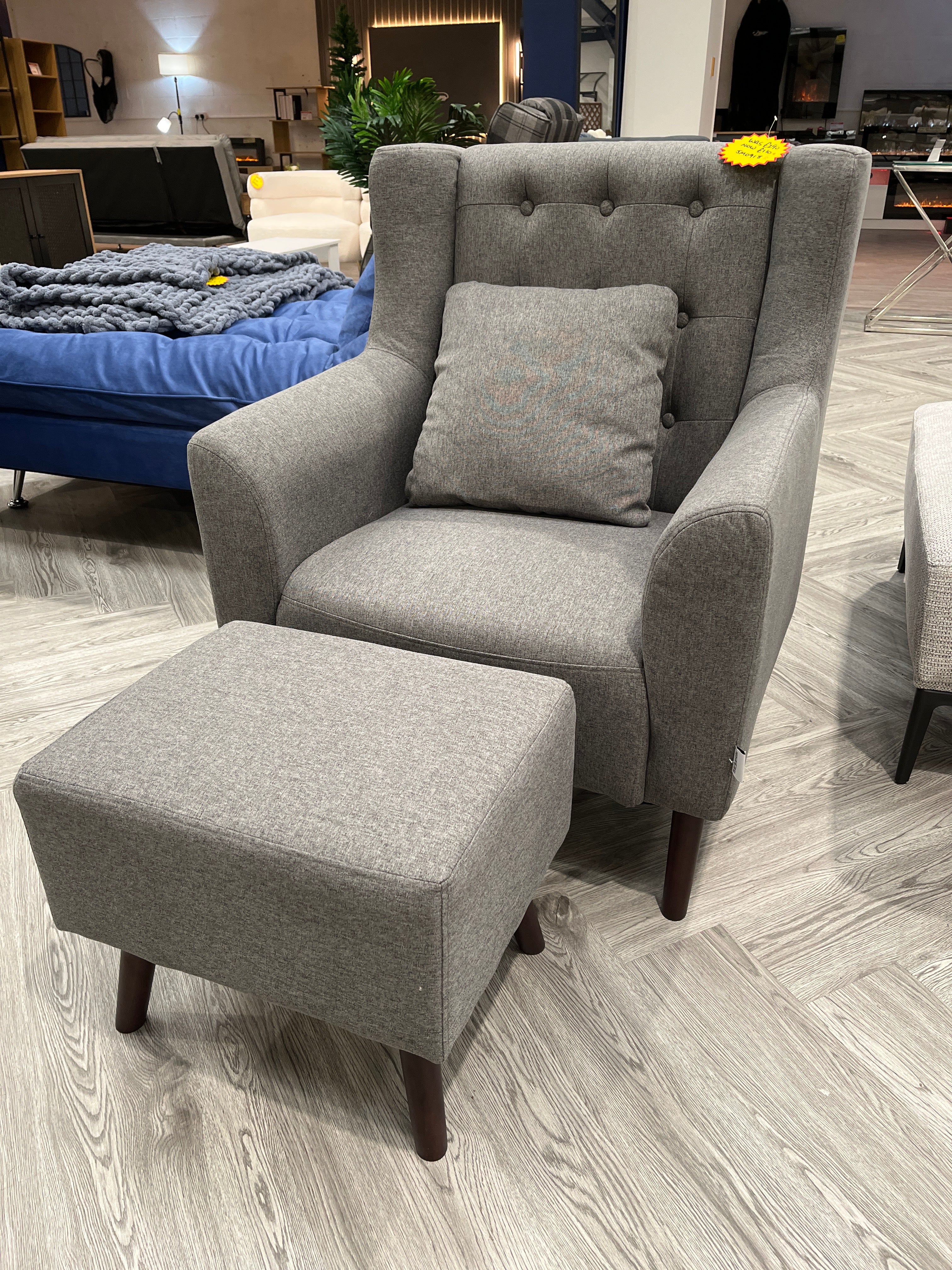 Linen Dark Grey Armchair with Footstool and Cushion