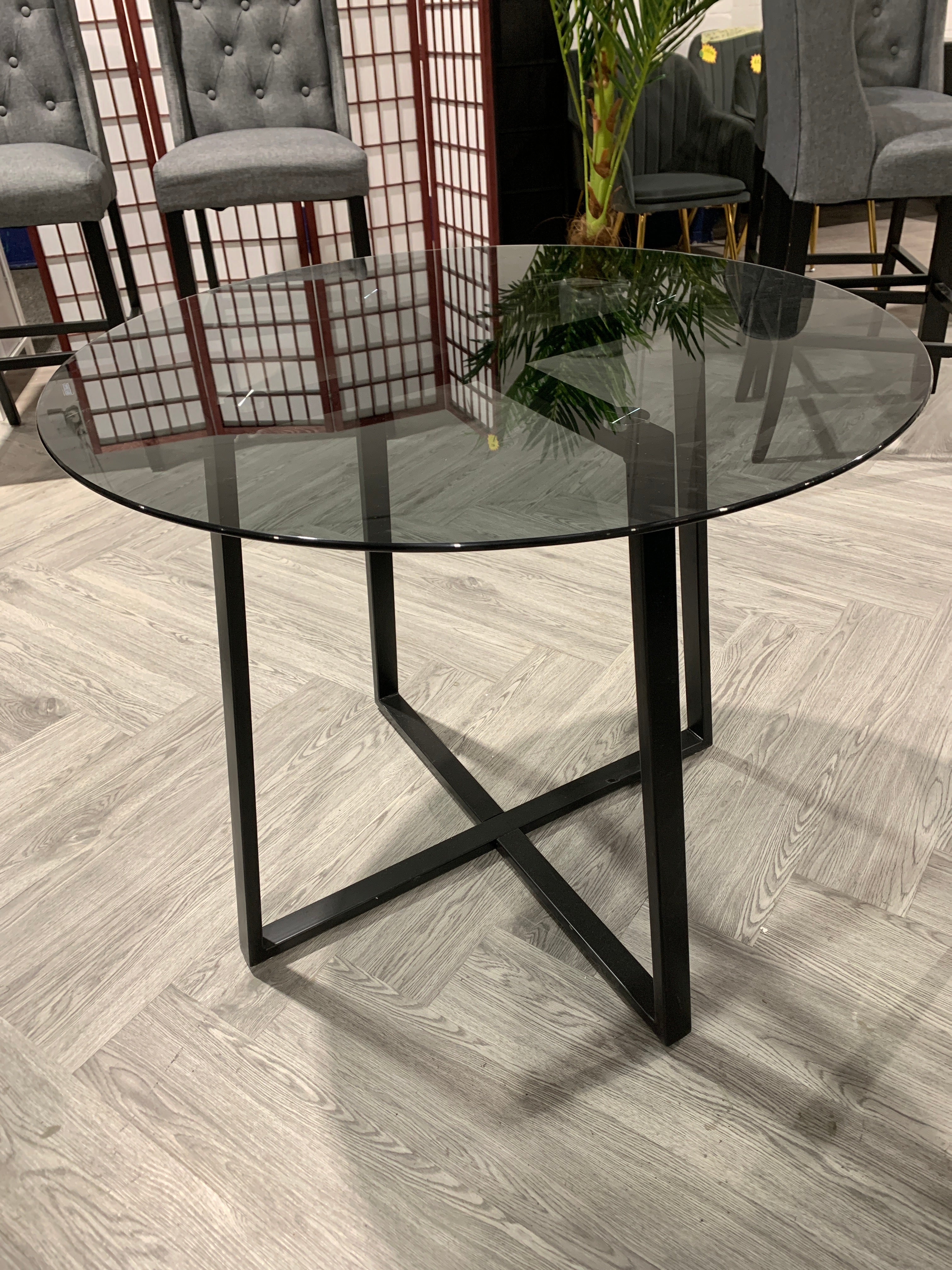 Modern Round Dining Table with Black Tempered Glass Top