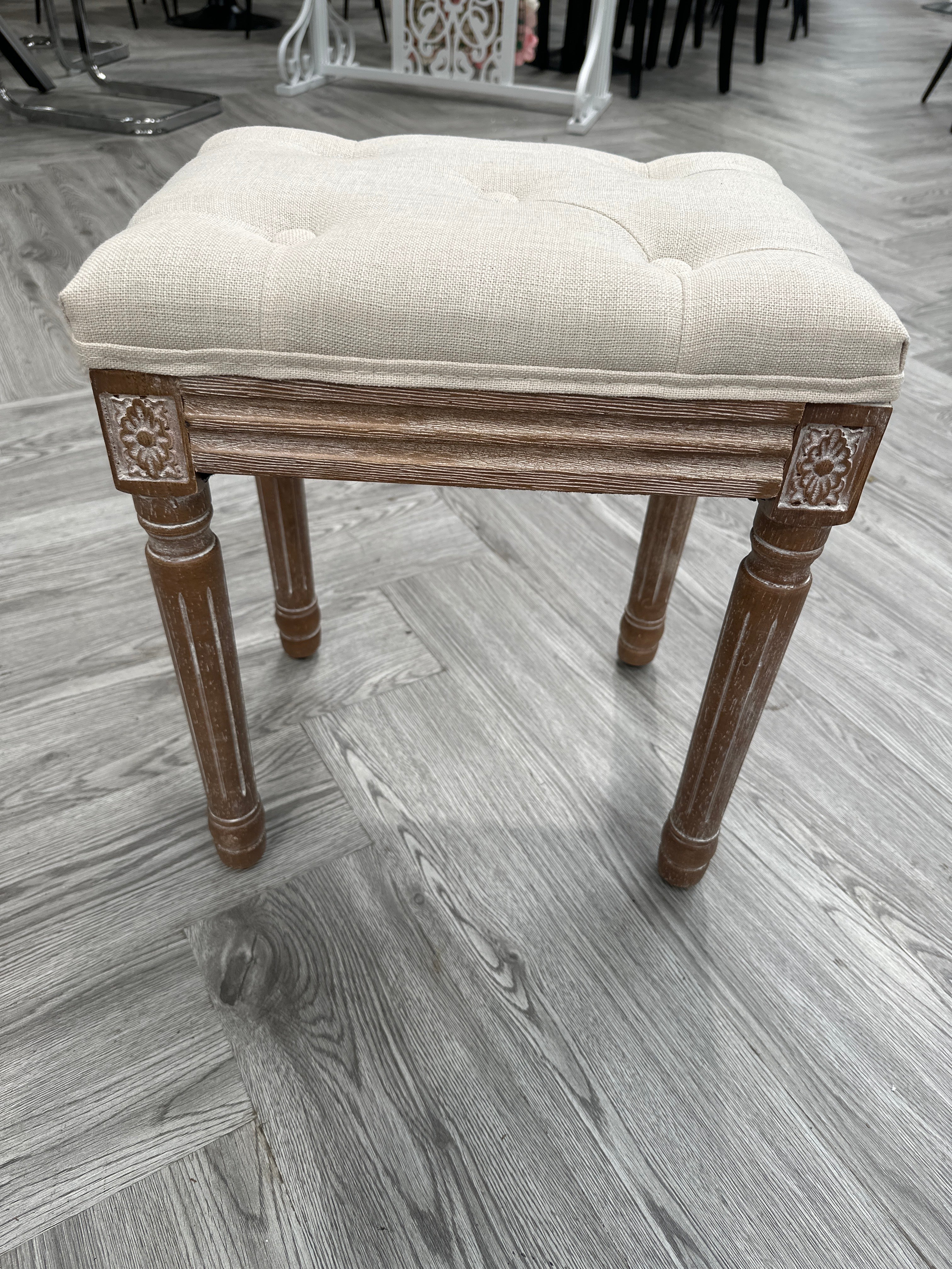 Beige Linen Upholstered Vintage Wooden Dressing Table Stool