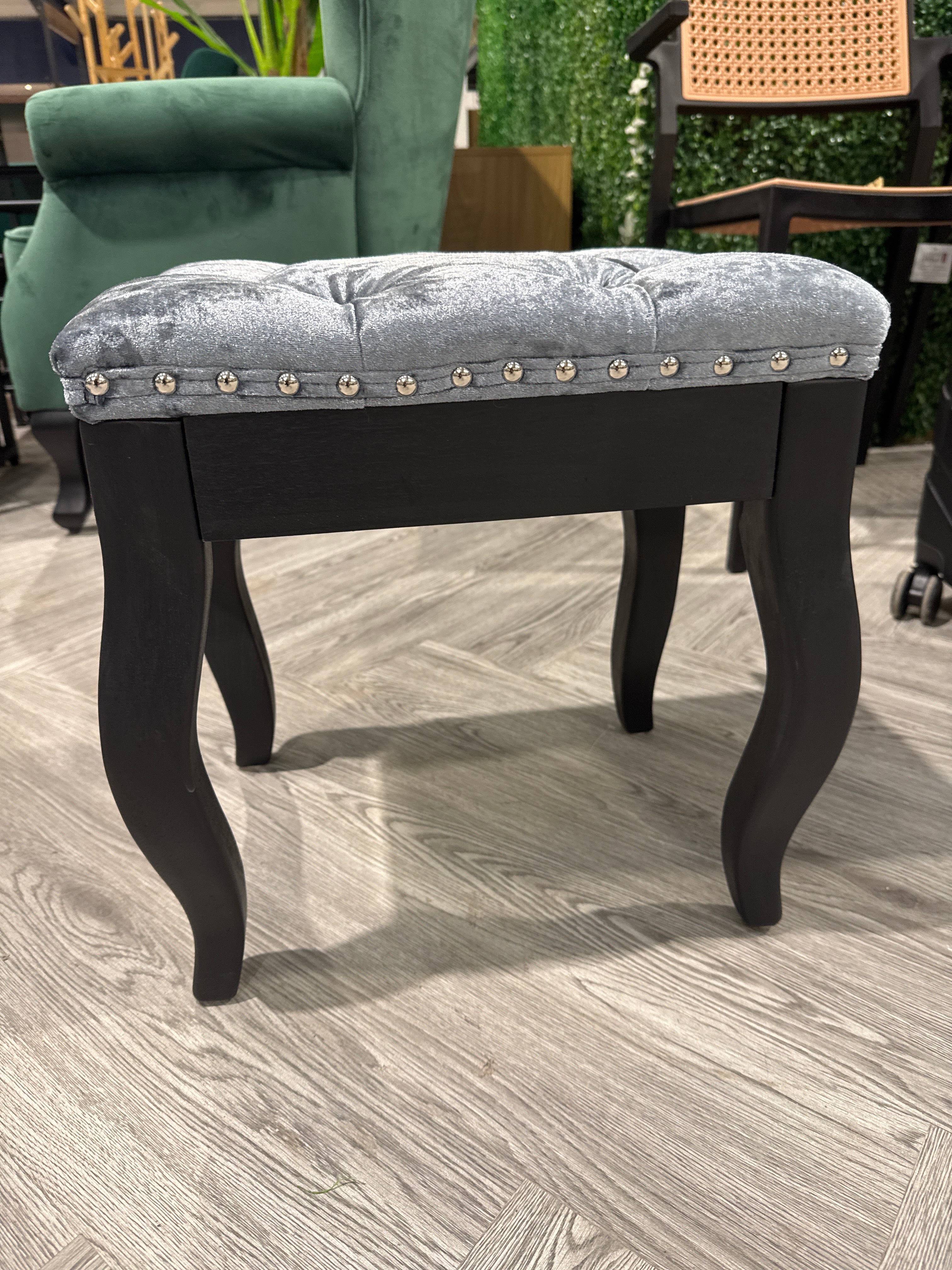 Silver Grey Dressing Table Stool with Nailhead Trim and Black Legs