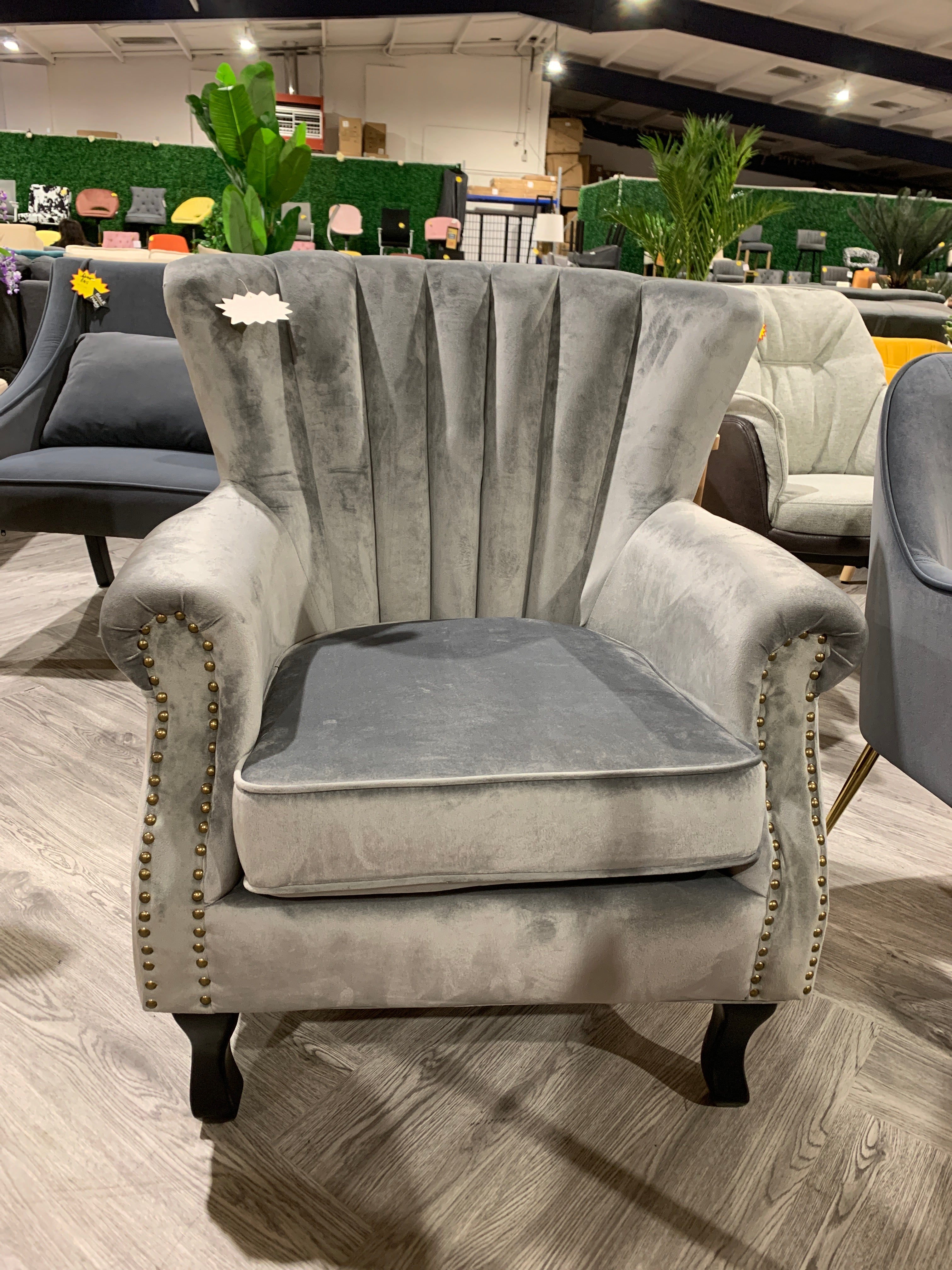 Grey Velvet Channel Armchair with Black Legs