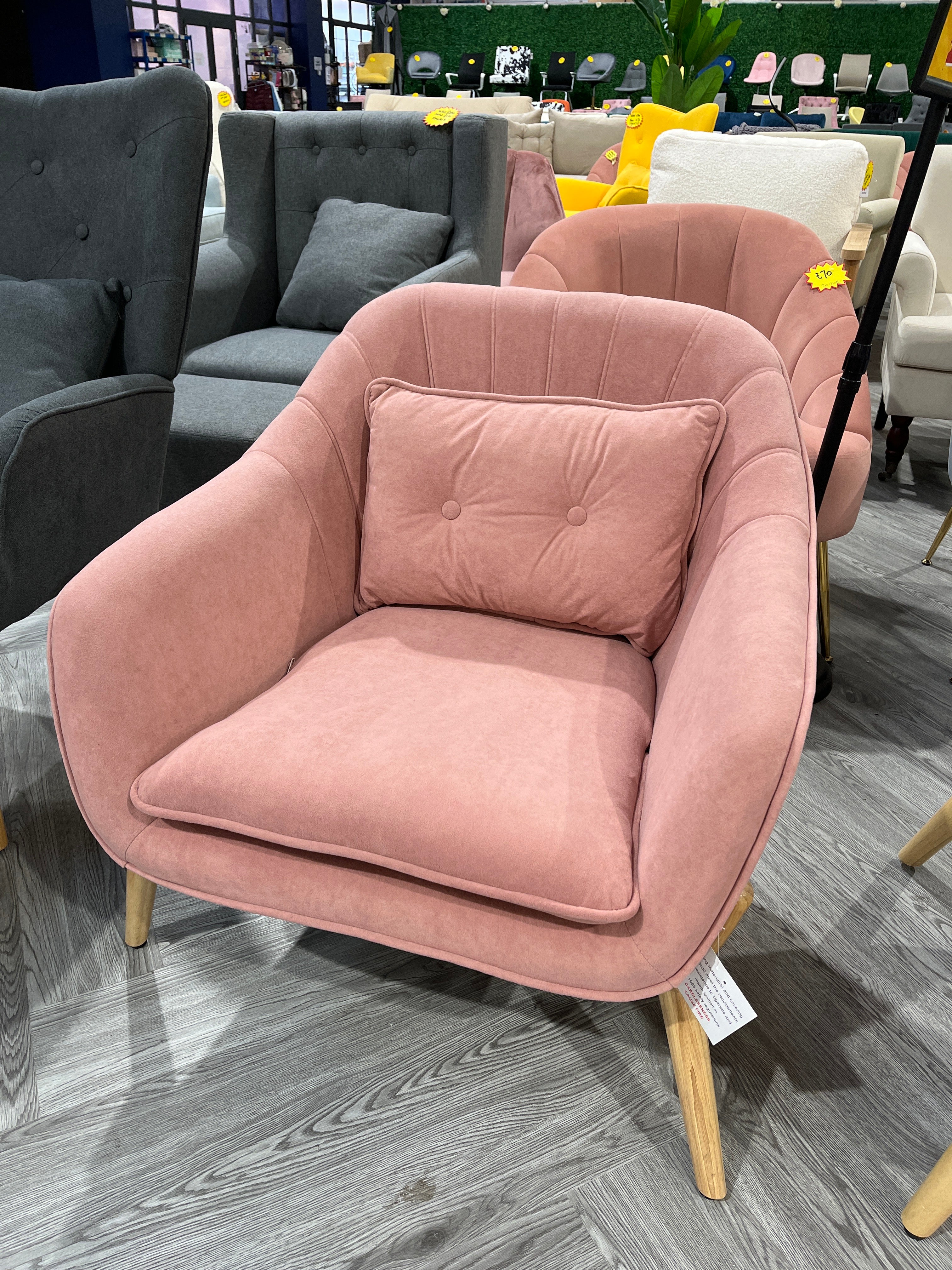 Pink Armchair with Wooden Legs and Cushion