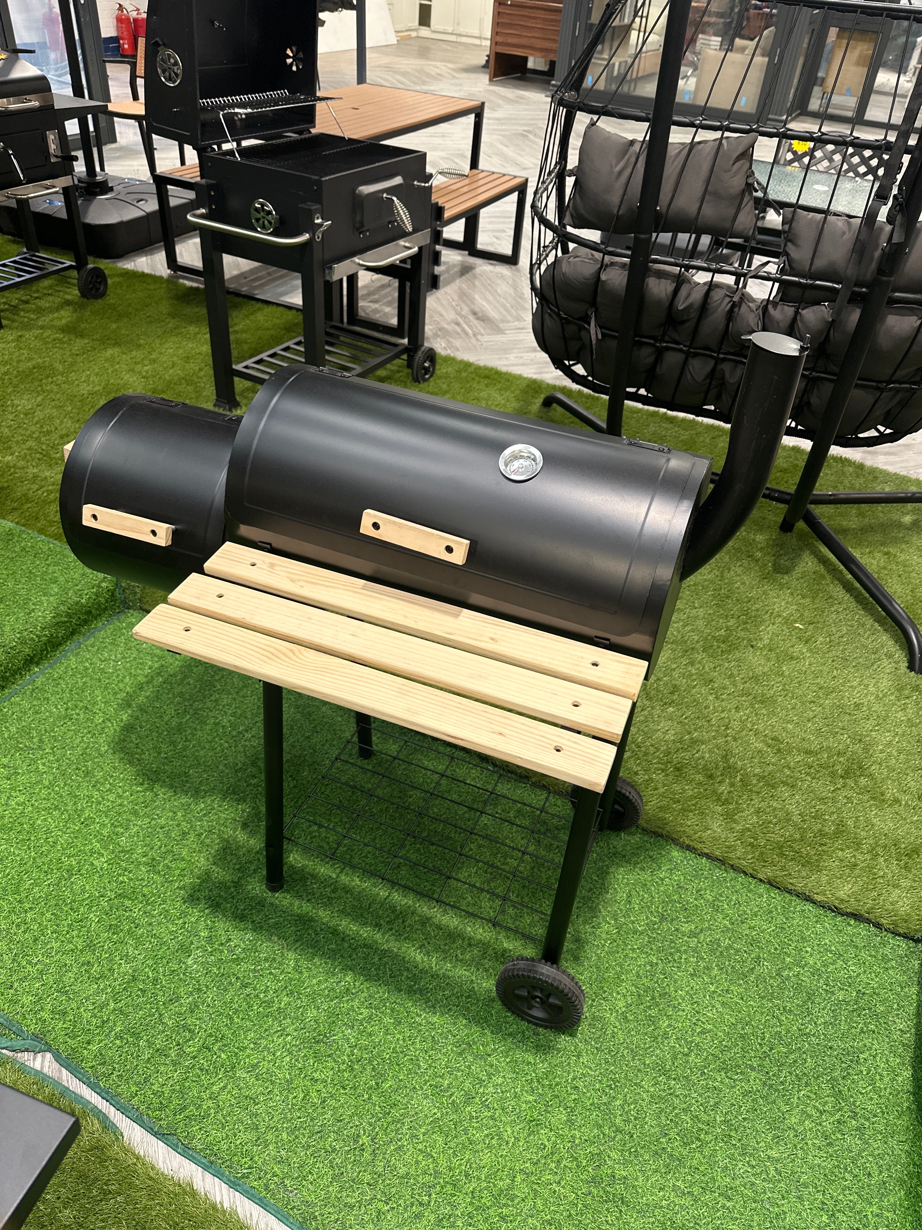Black Steel Charcoal BBQ Grill with Wooden Shelf