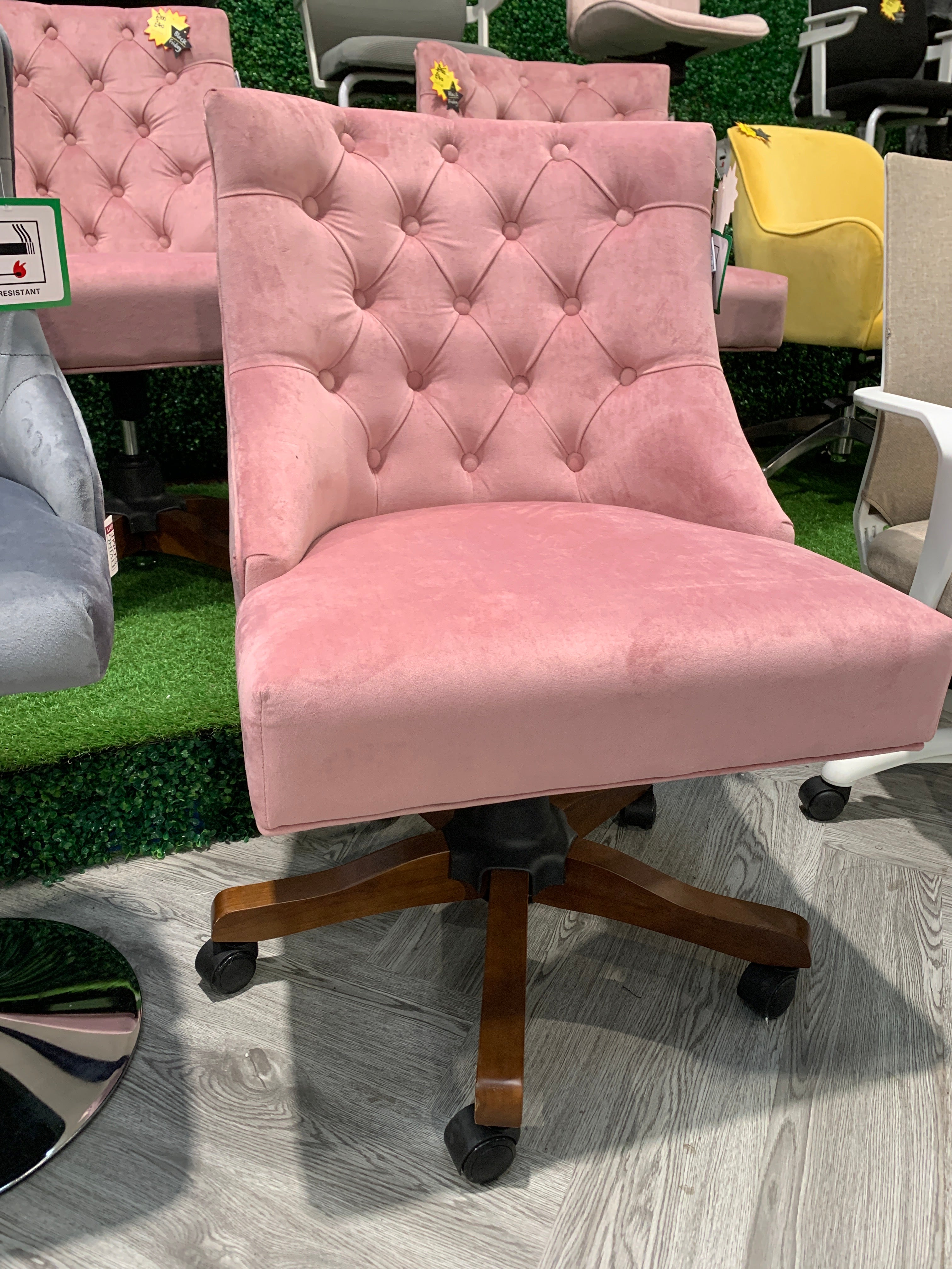 Ash Pink Velvet Buttoned Office Chair with Wooden Legs