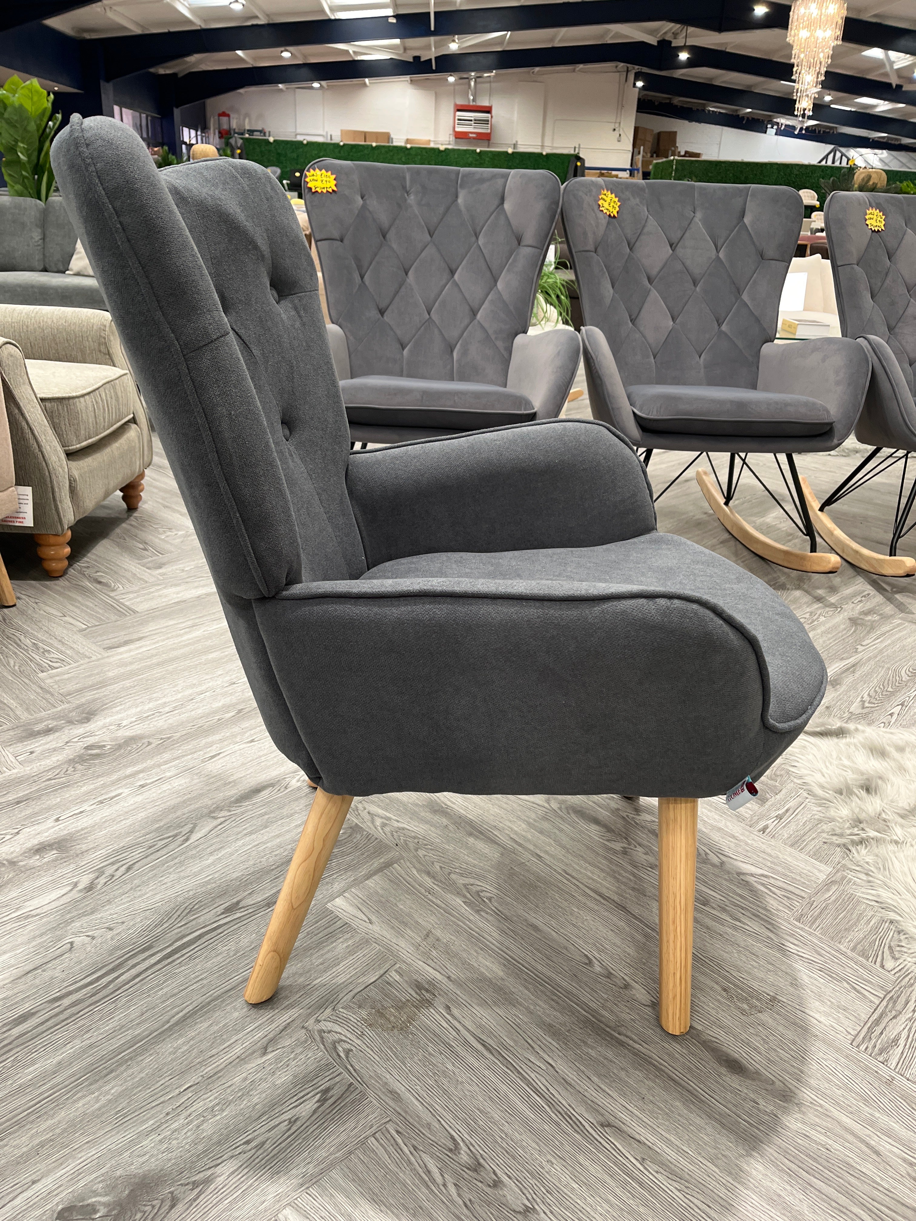 Grey Tufted Button Linen Armchair with Wooden Legs