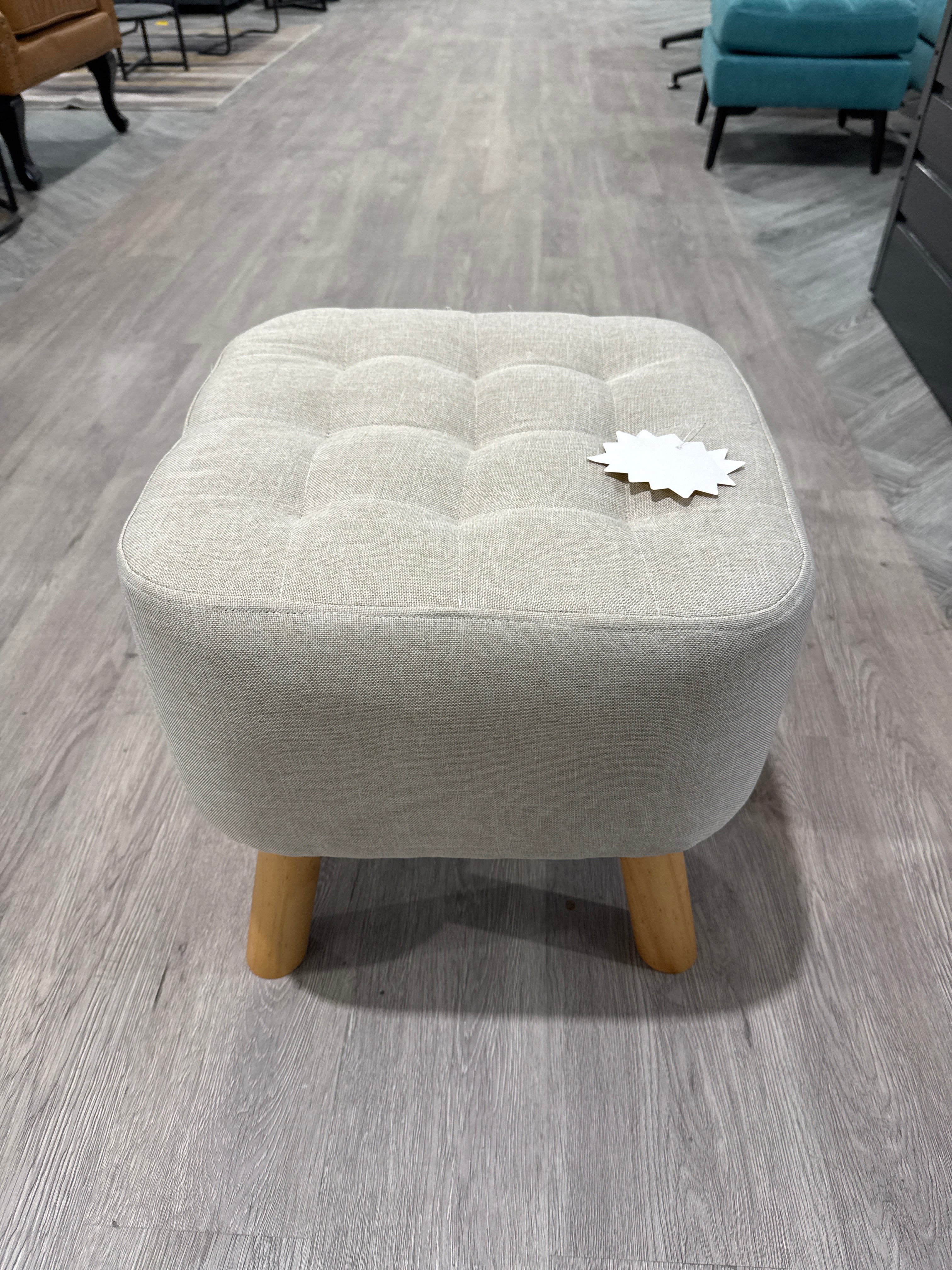 Beige Square Footstool with Wooden Legs