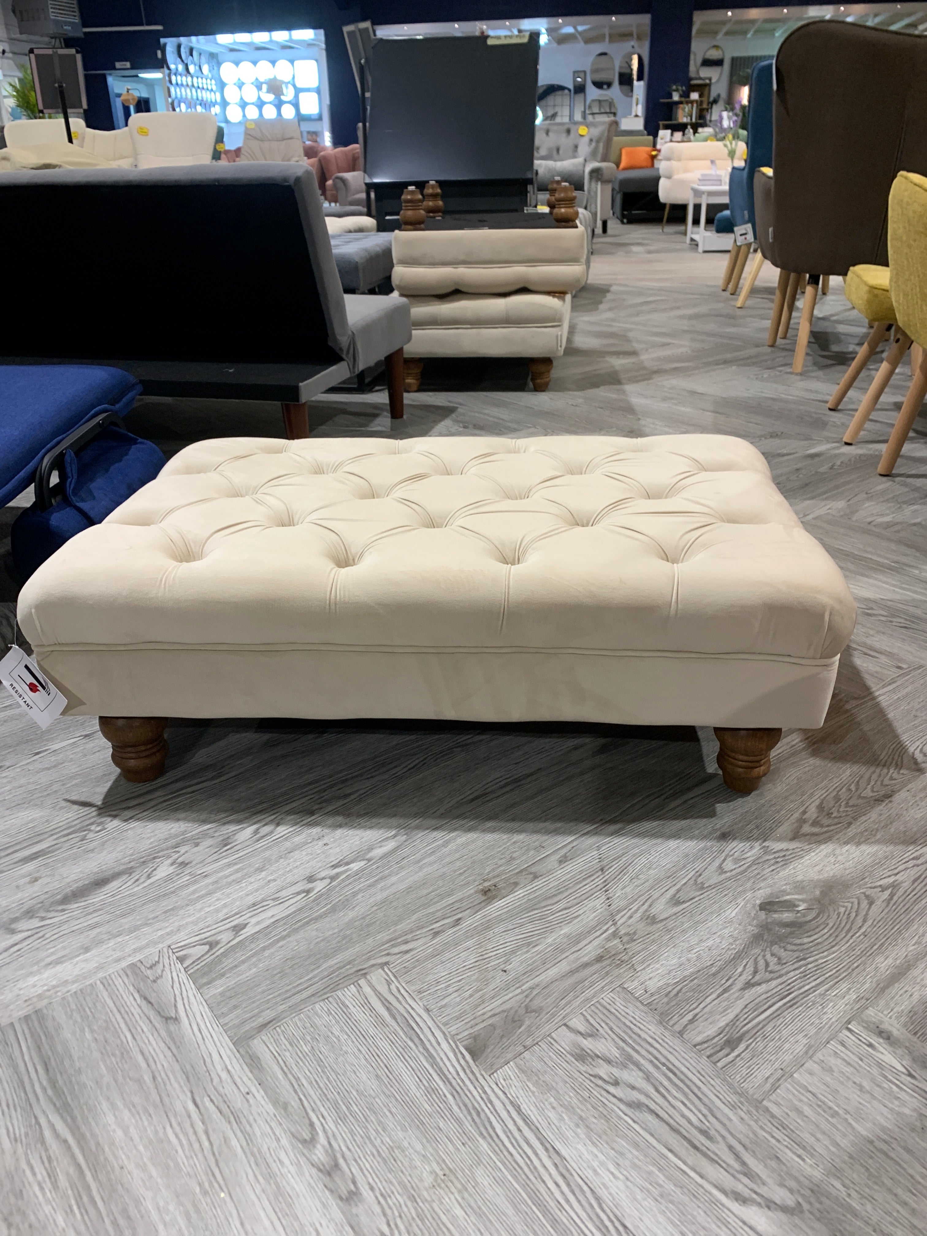 Buttoned Velvet Rectangular Ottoman Footstool with Gourd-shaped Legs Beige