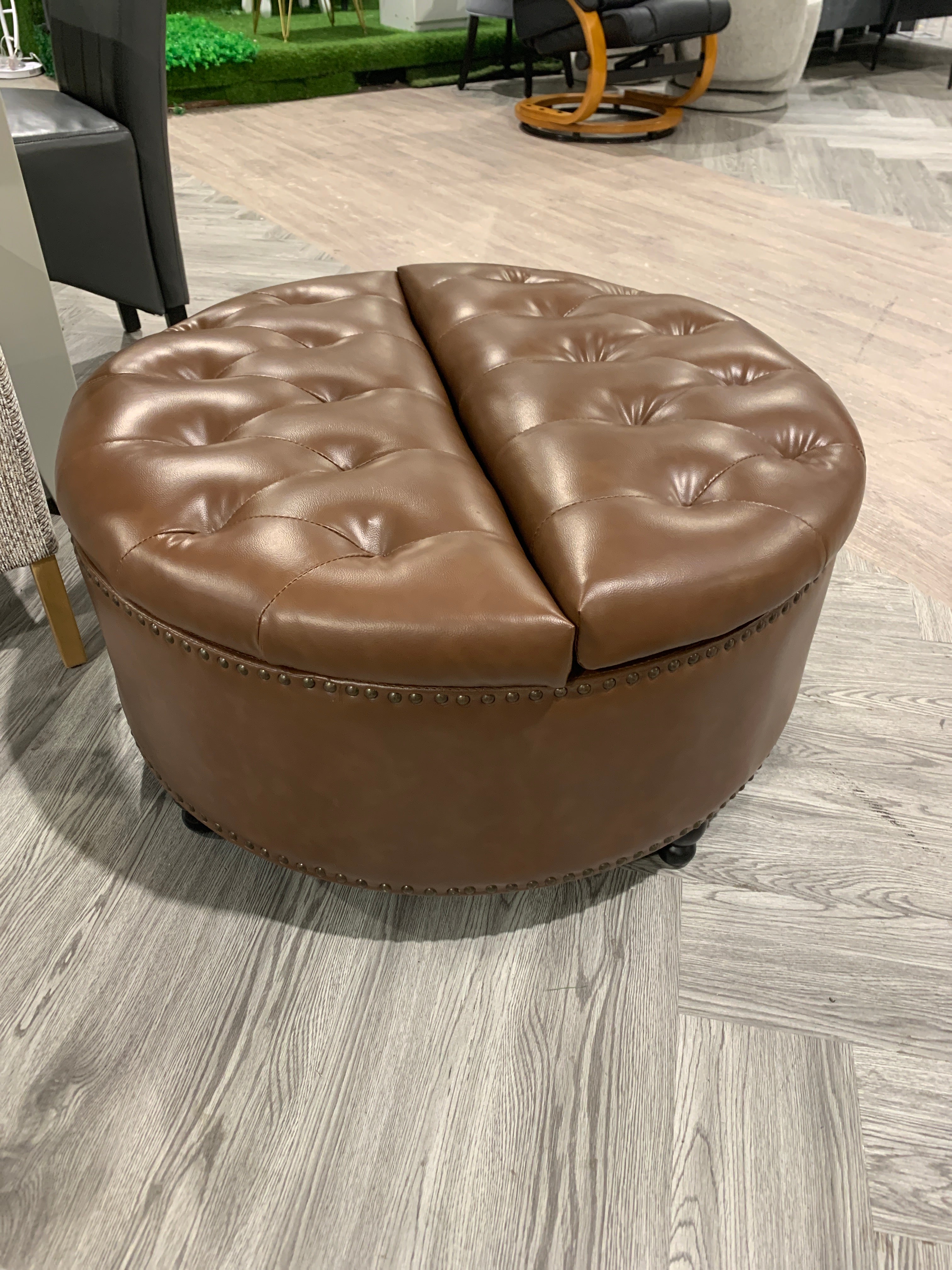 Round PU Leather Upholstered Storage Footstool Ottoman with Lift Top and Flip Design Brown