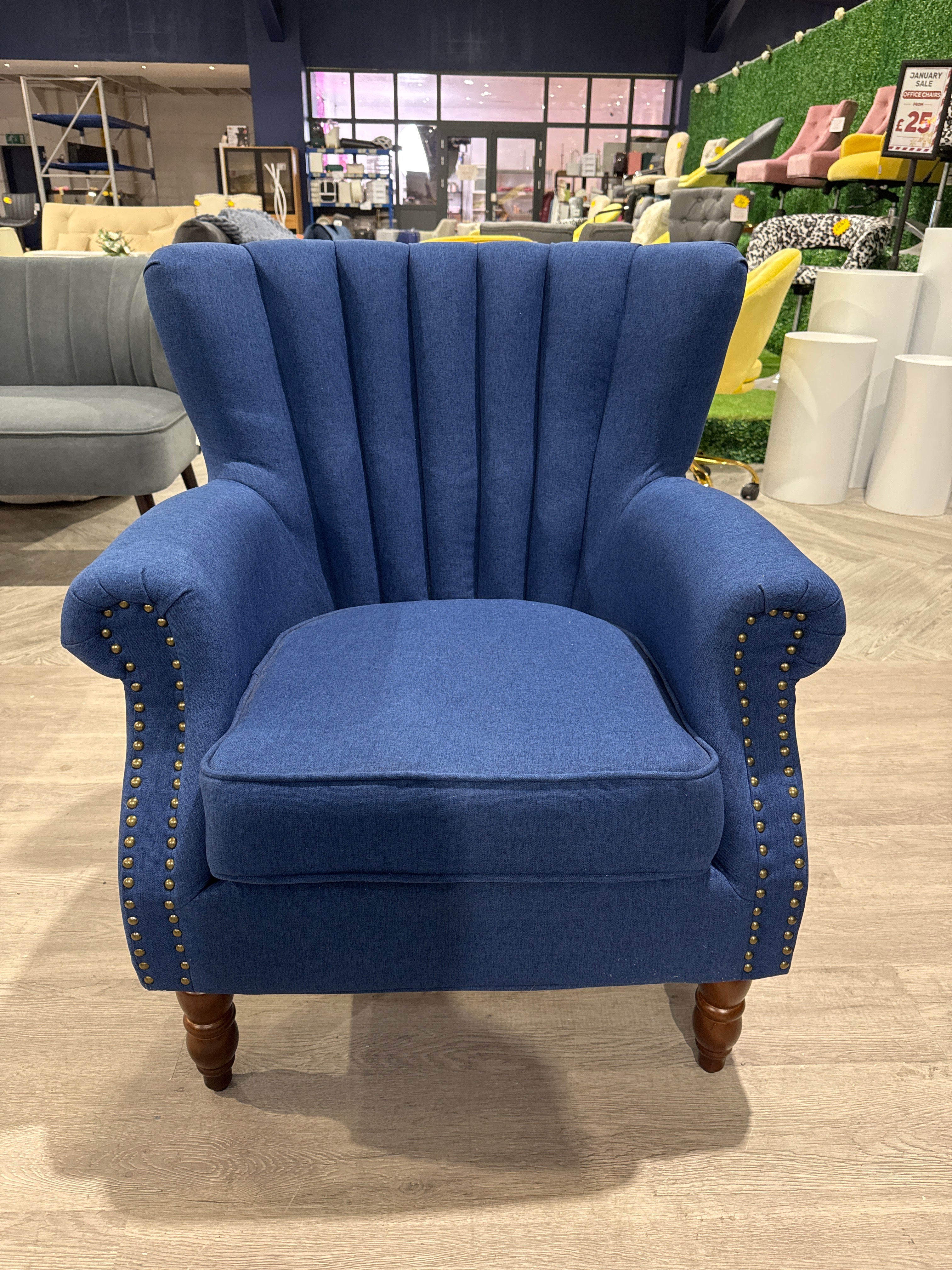 Dark Blue Vintage Linen Upholstered Wing Back Armchair