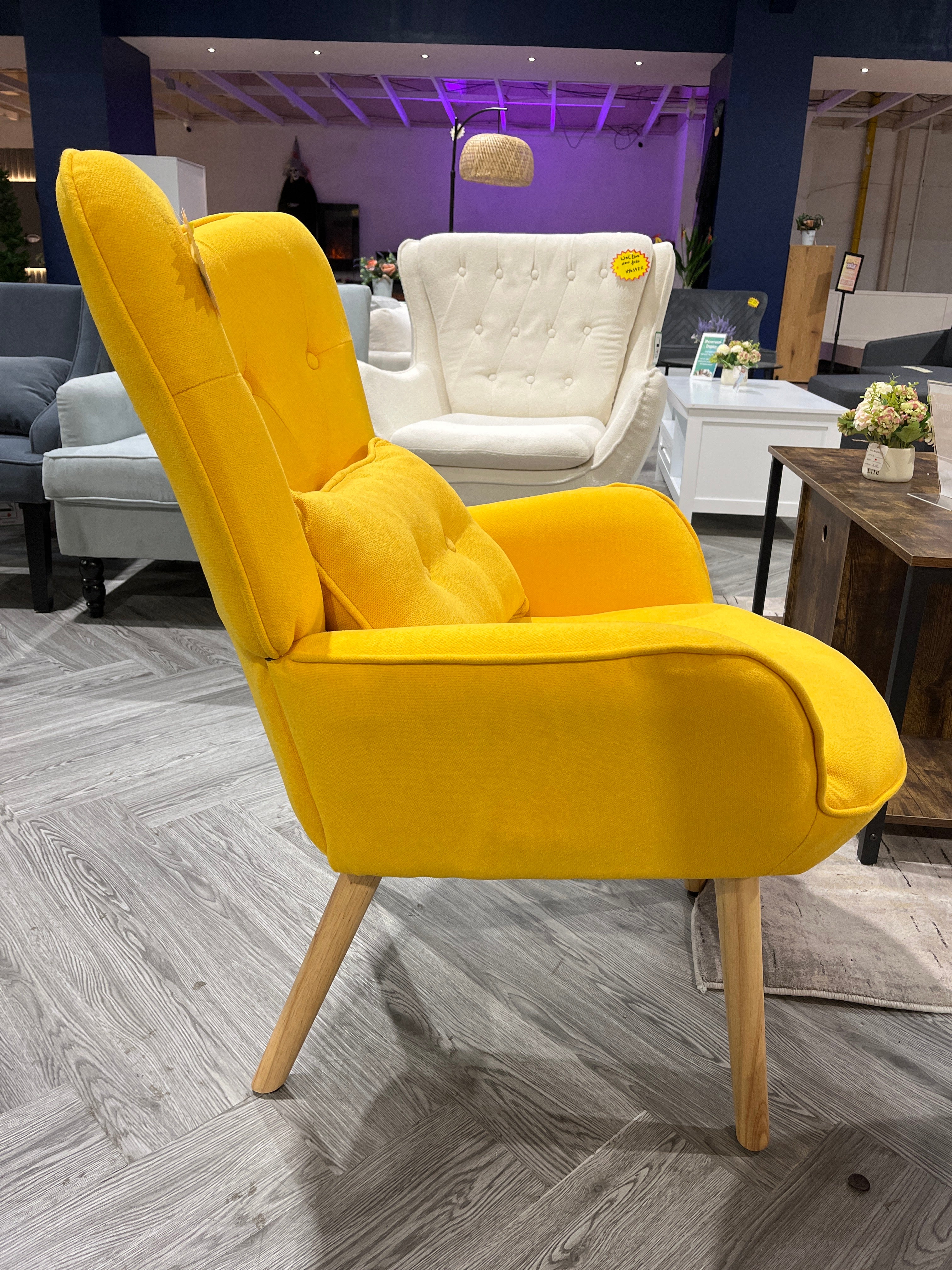 Yellow Tufted Button Linen Armchair with Wooden Legs