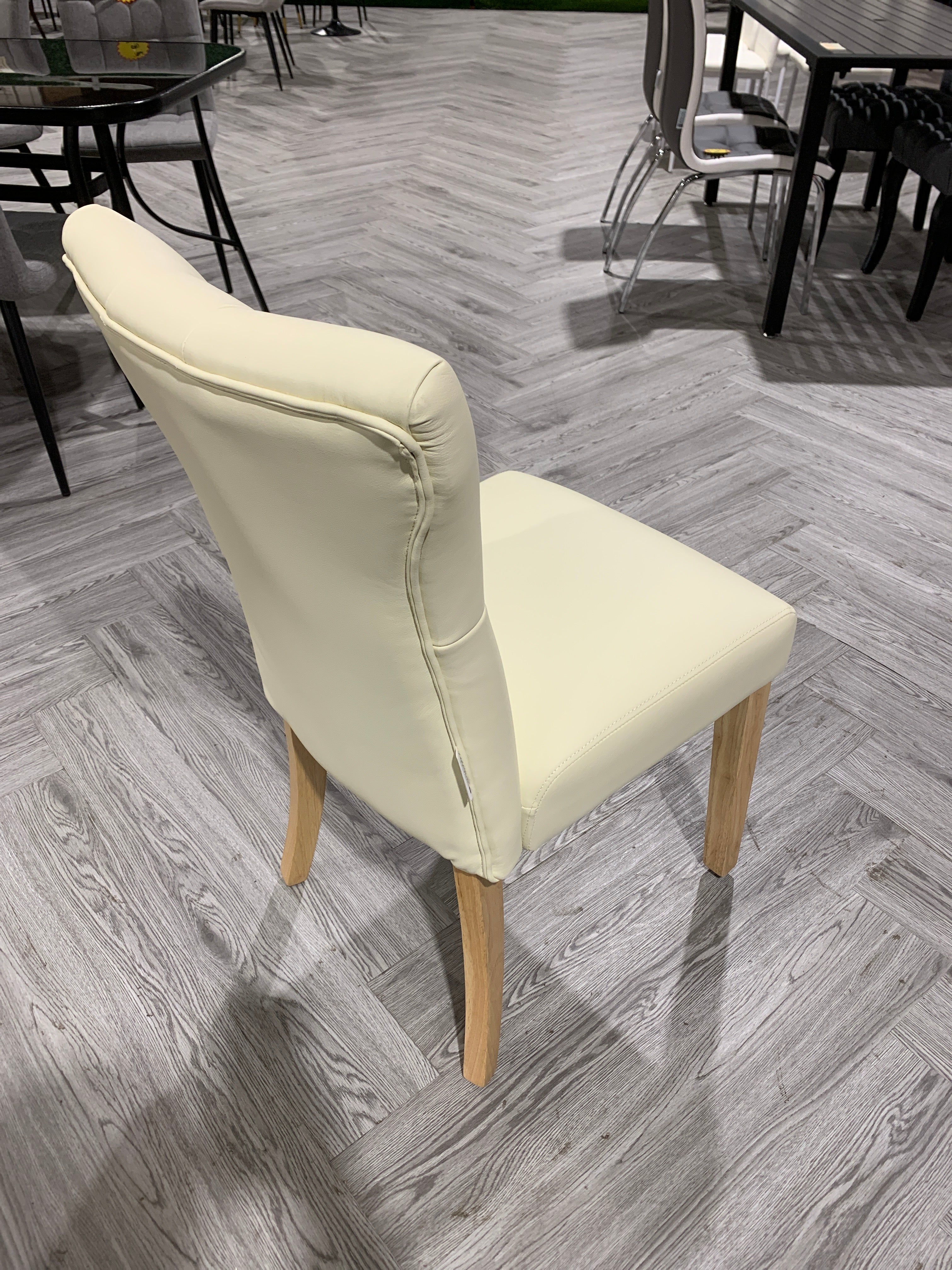 Cream PU Leather Buttoned Dining Chair with Wooden Legs