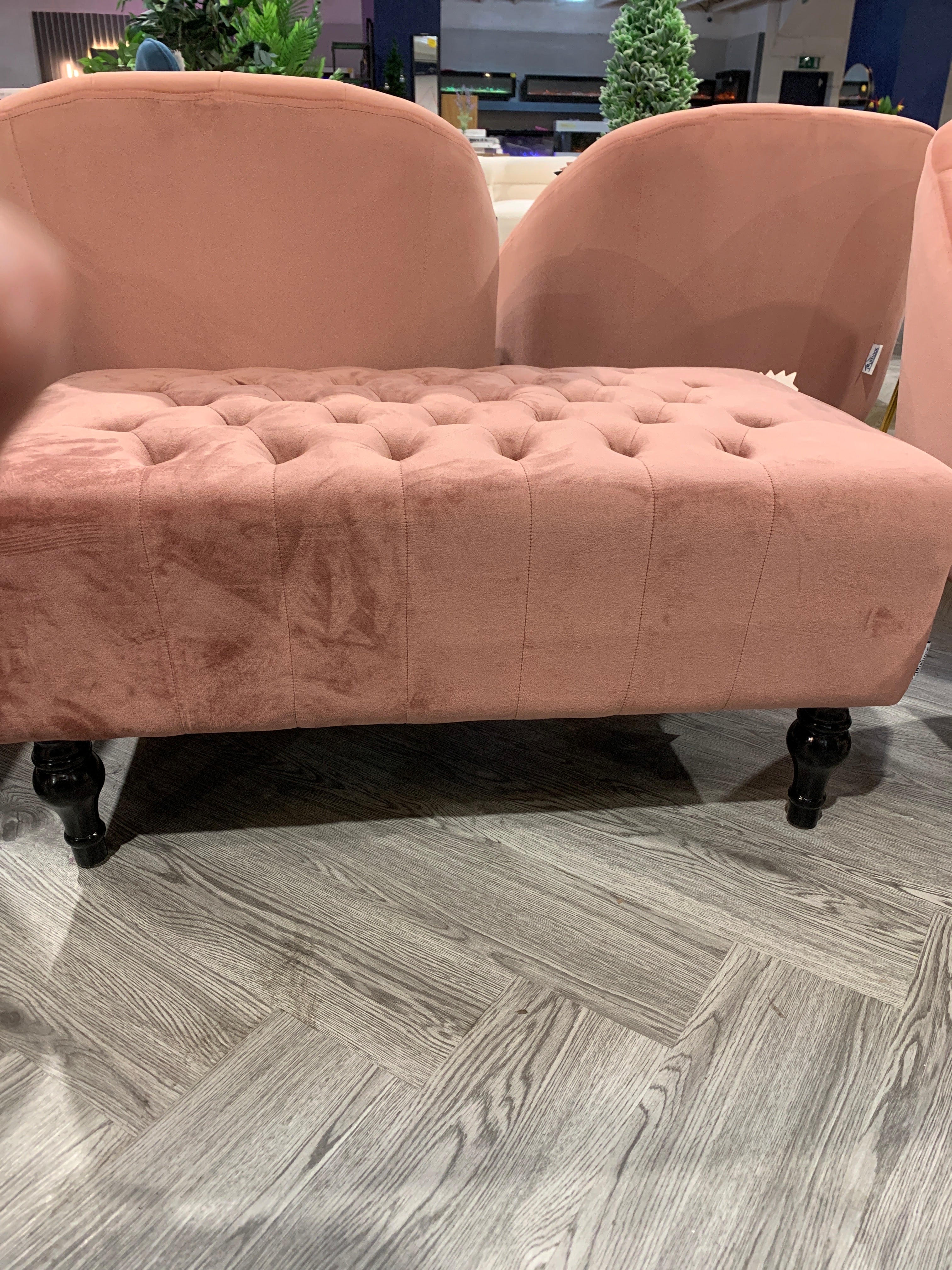 Pink Velvet Chesterfield Bench with Wooden Legs