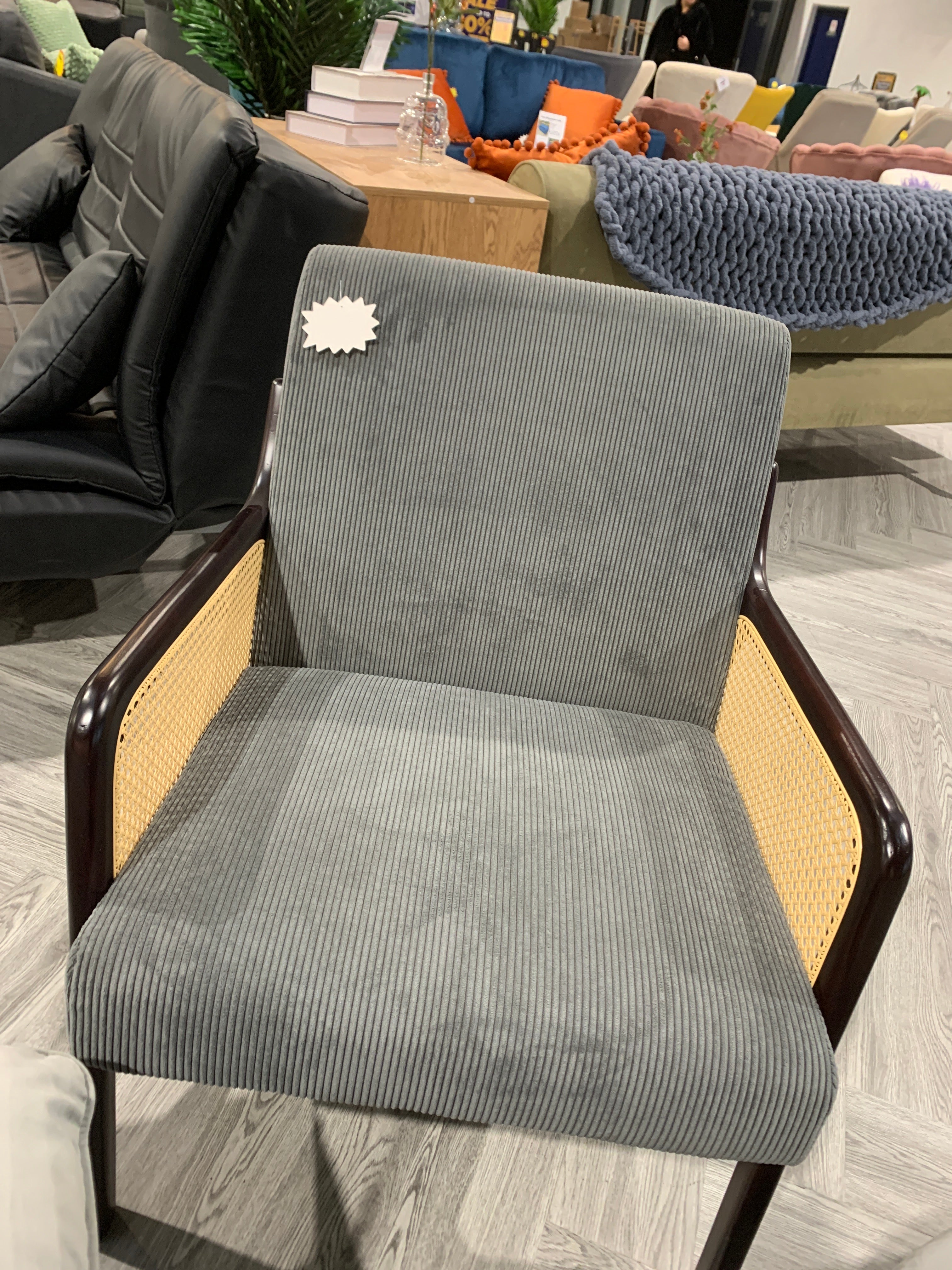 Grey Corduroy Armchair with Rattan Armrest