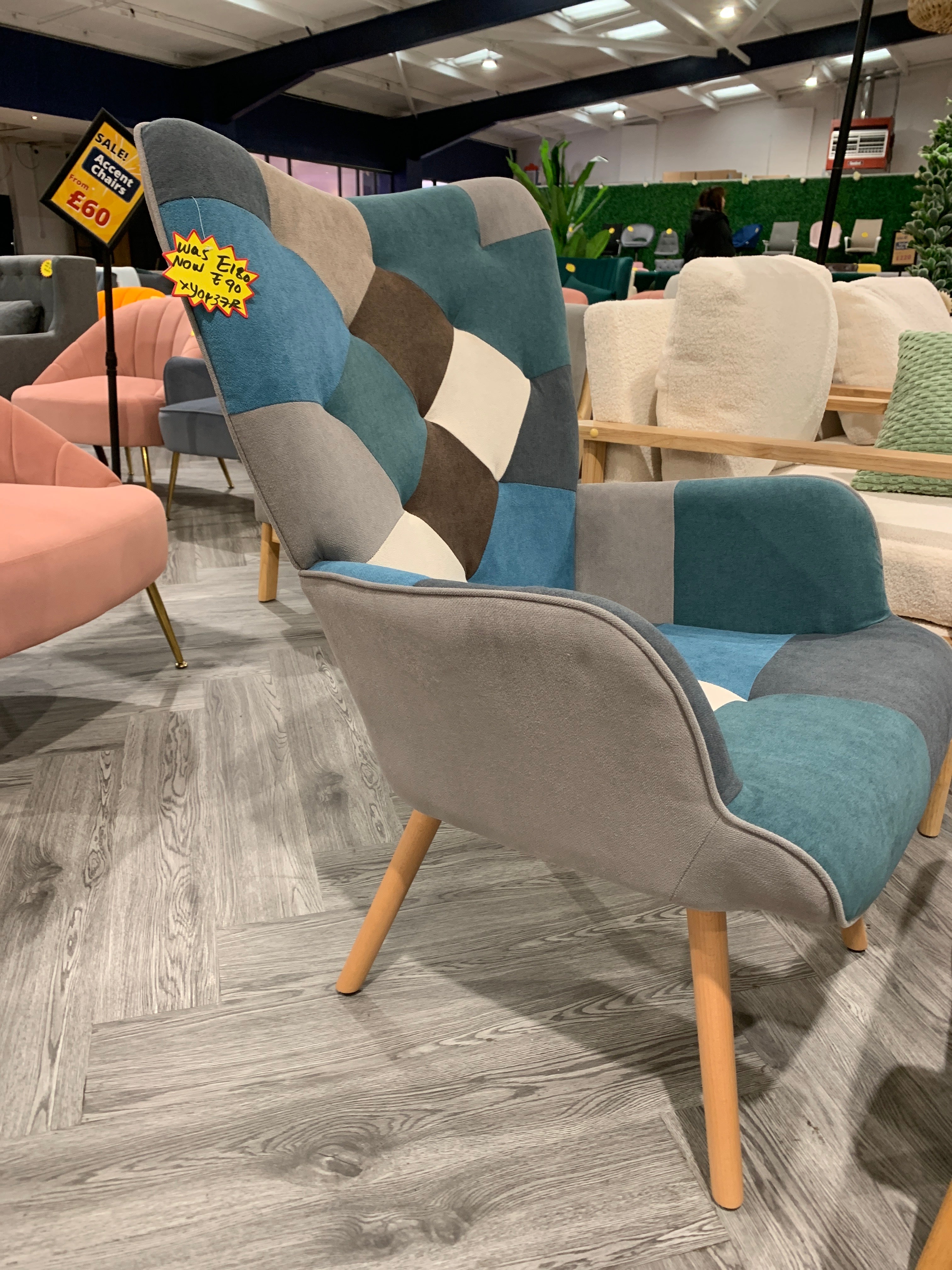 Colour Block Upholstered Wingback Patchwork Armchair with Footstool Blue