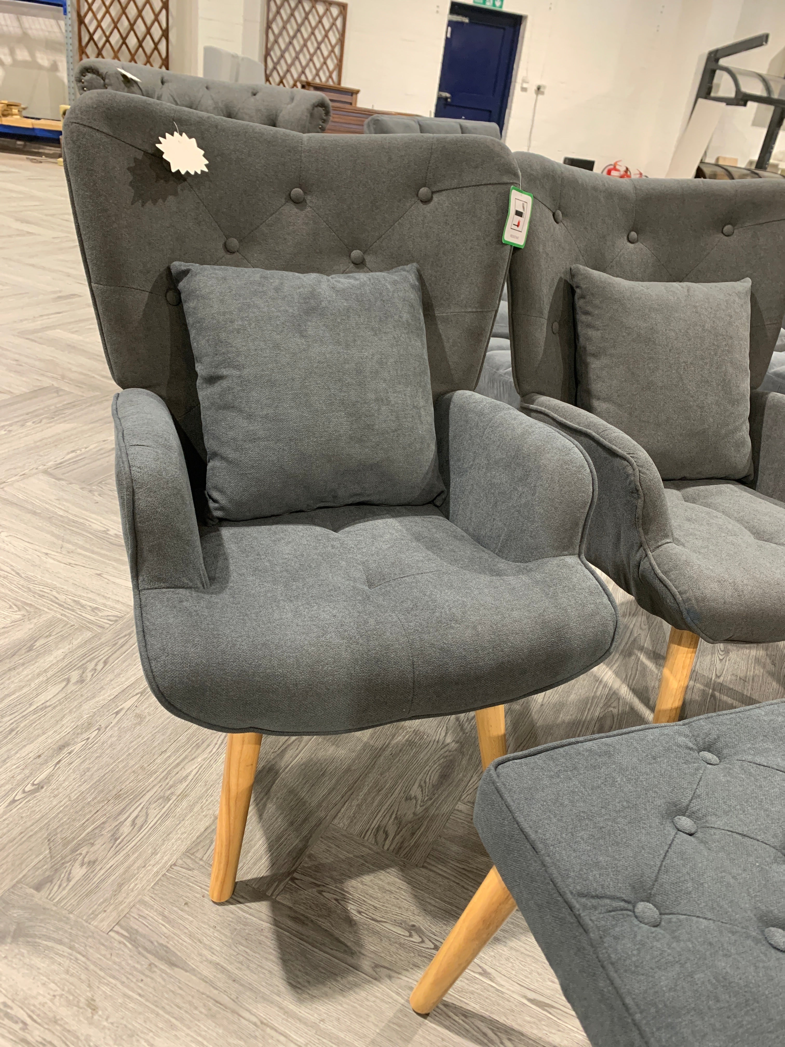 Grey Tufted Armchair with Cushion and Footstool