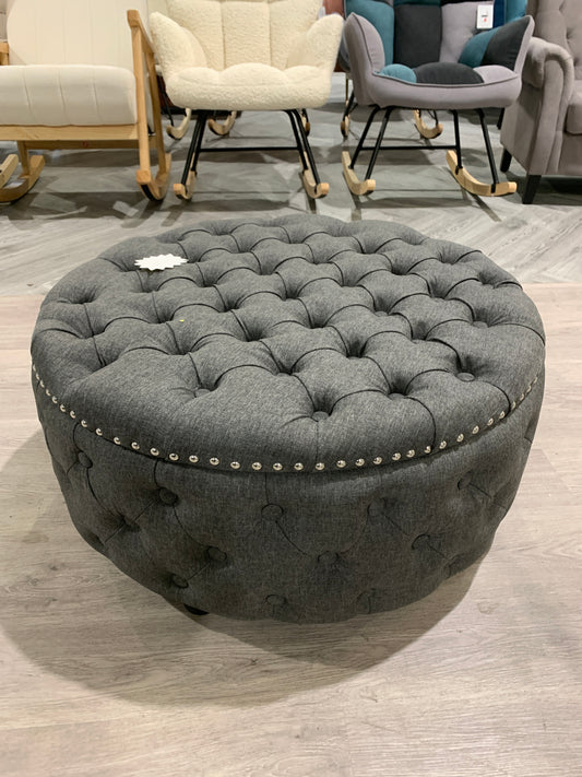 Dark Grey Round Linen Deep Buttoned Ottoman with Studded Edge