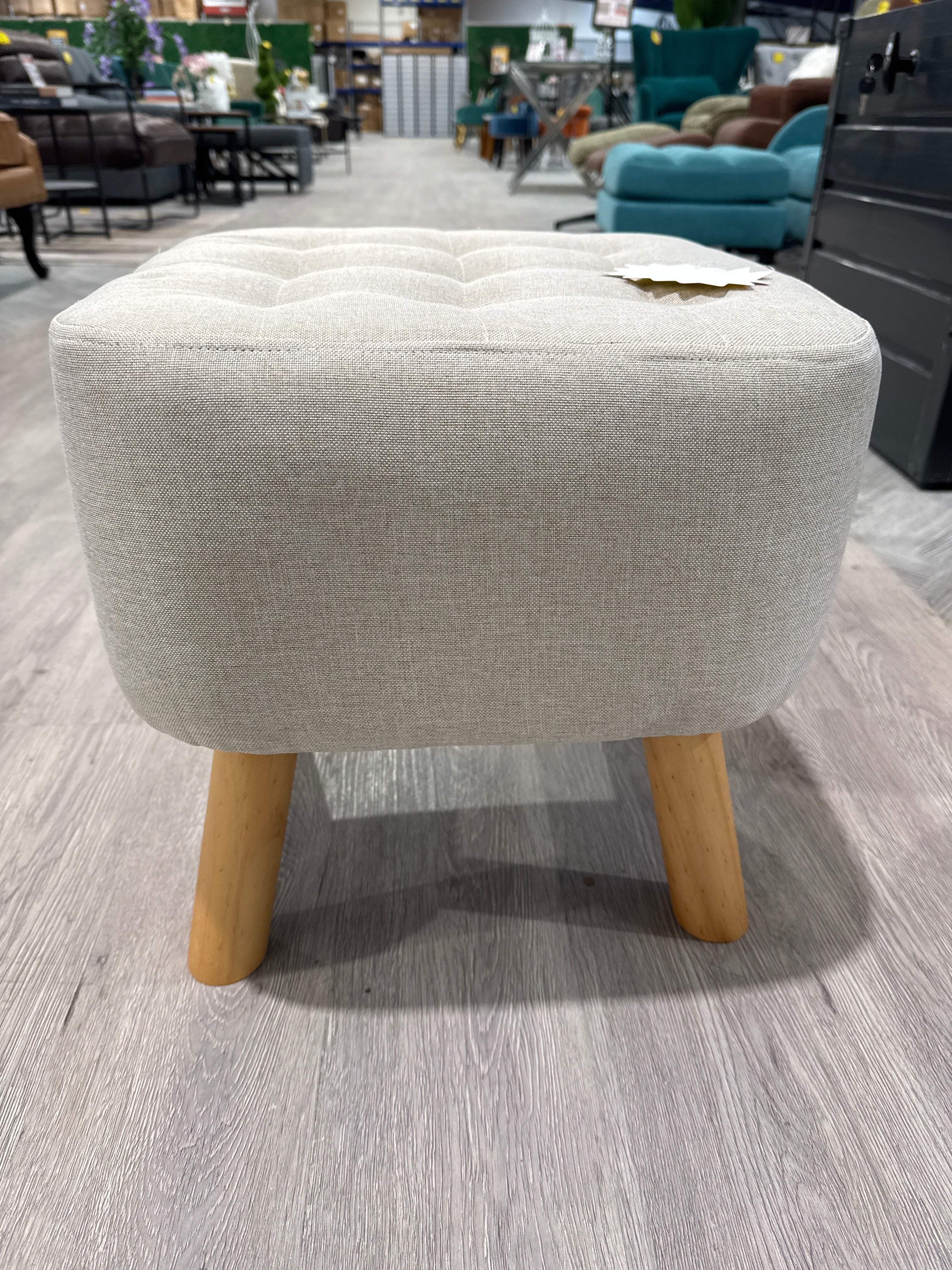 Beige Square Footstool with Wooden Legs