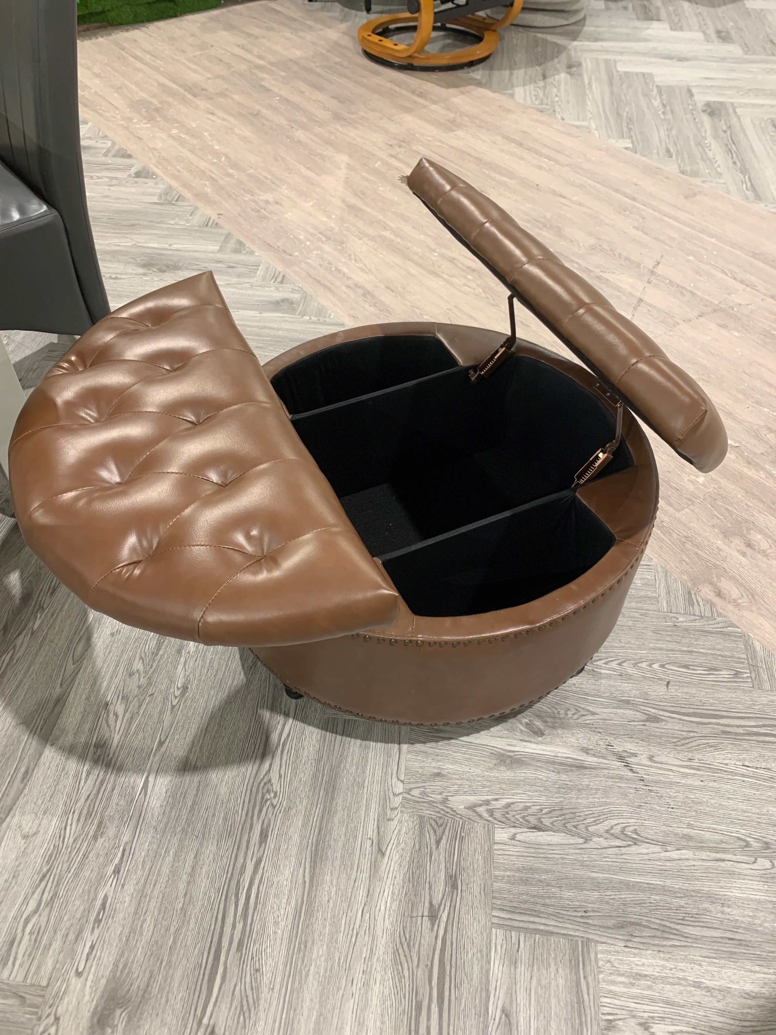 Round PU Leather Upholstered Storage Footstool Ottoman with Lift Top and Flip Design Brown