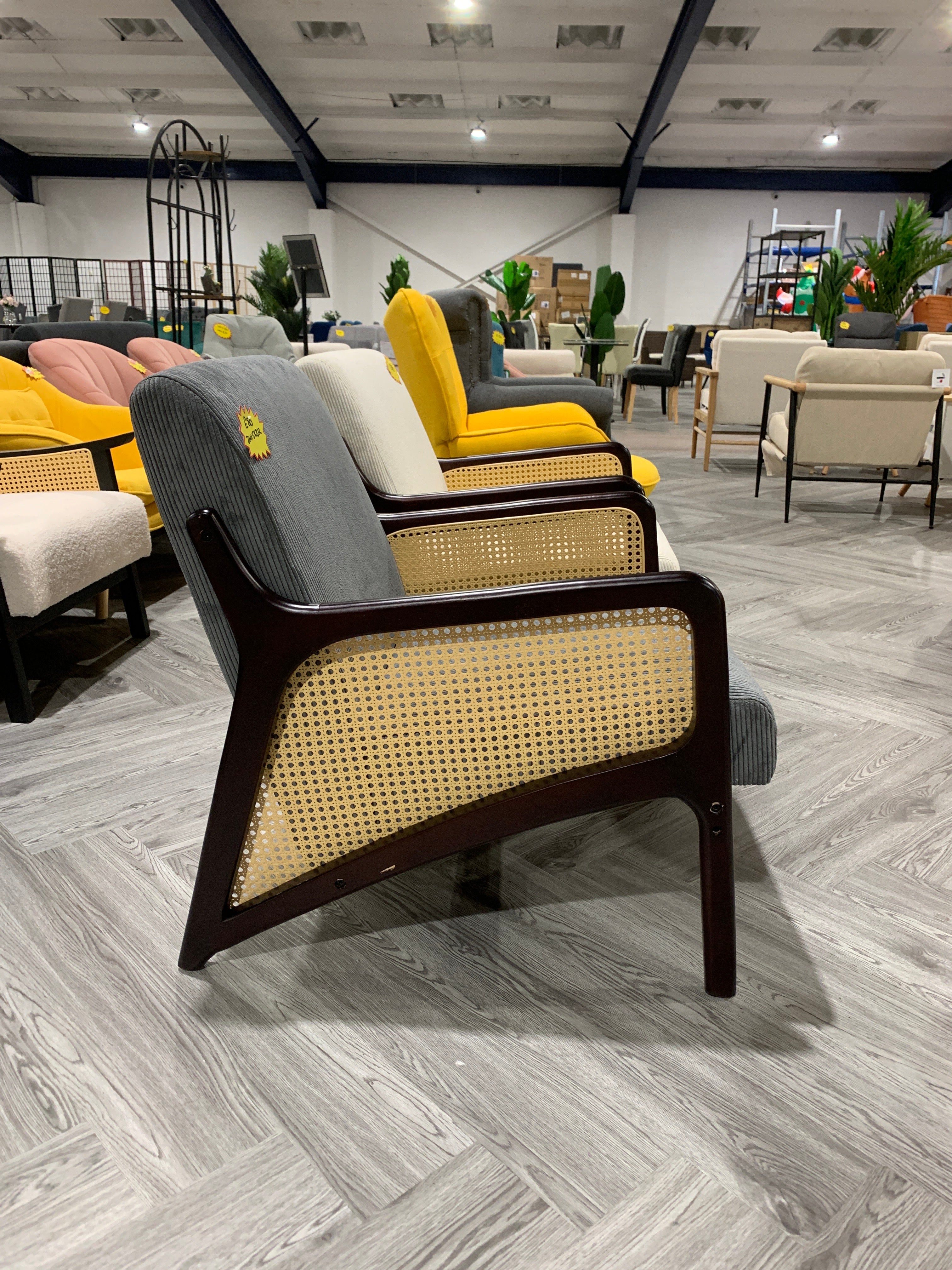 Grey Corduroy Armchair with Rattan Armrest