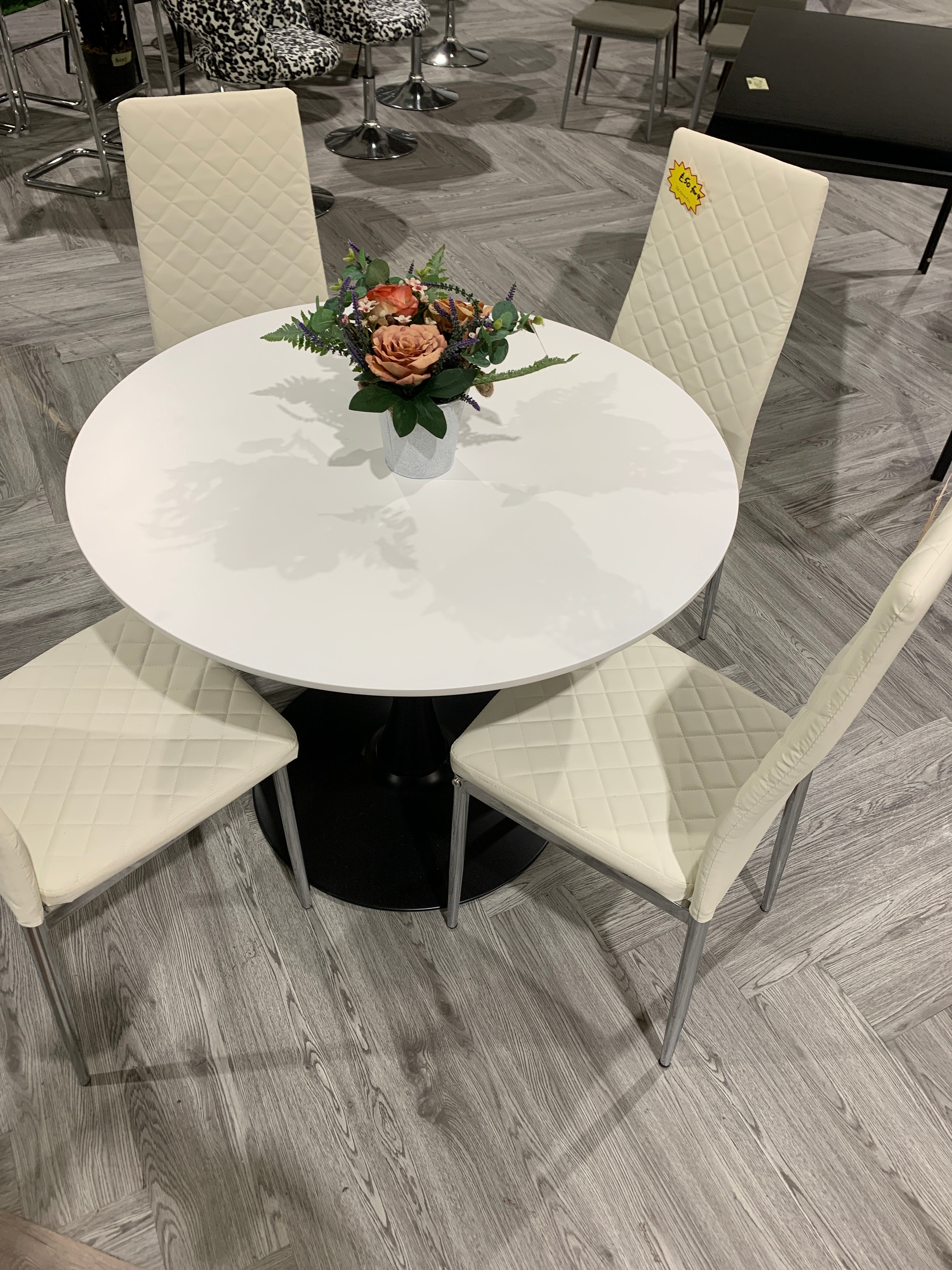 Modern White Round Wooden Table with Metallic Black Base